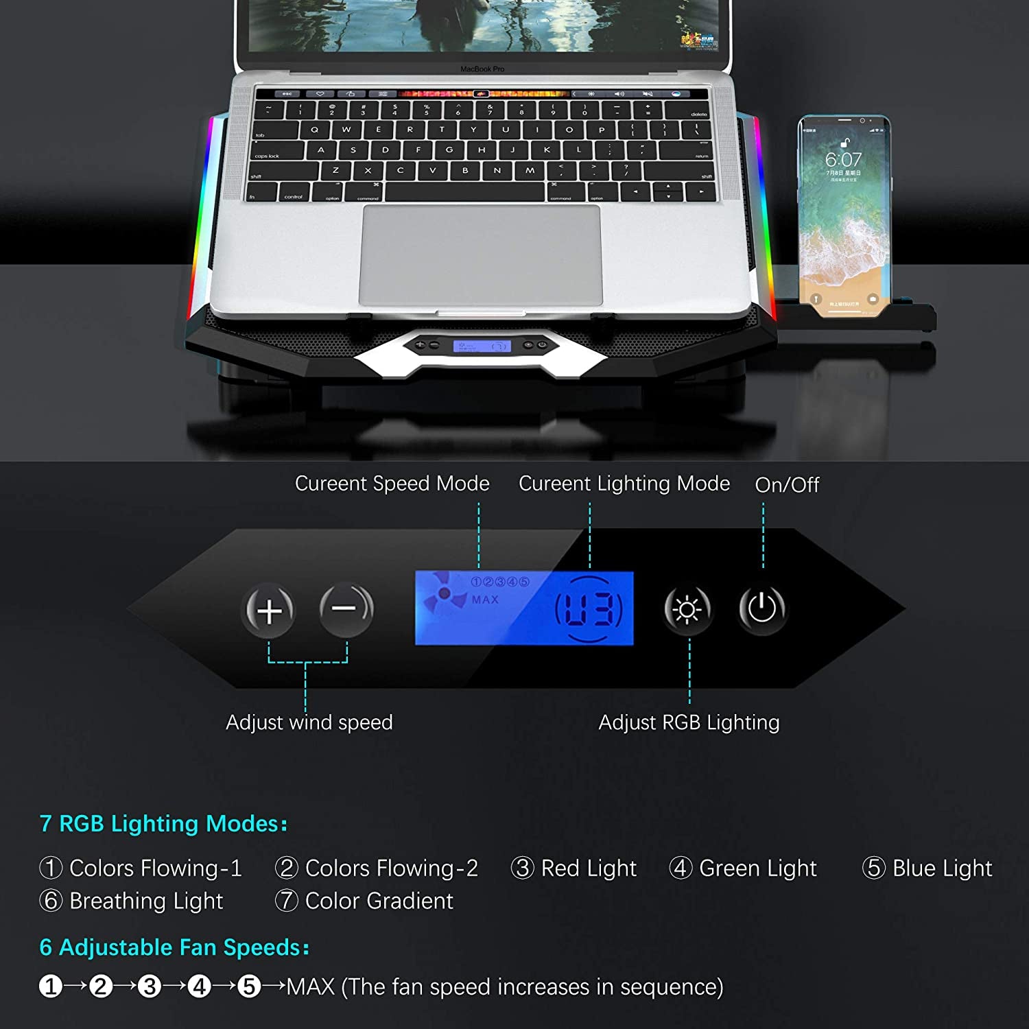 RGB Gaming Laptop Cooling Pad: Keep Your Notebook Cool with Adjustable Height, 6 Quiet Fans, and a Phone Holder. The Computer Chill Mat is Designed for 15.6-17.3 Inch Laptops, with Blue LED Light to Add a Stylish Touch.