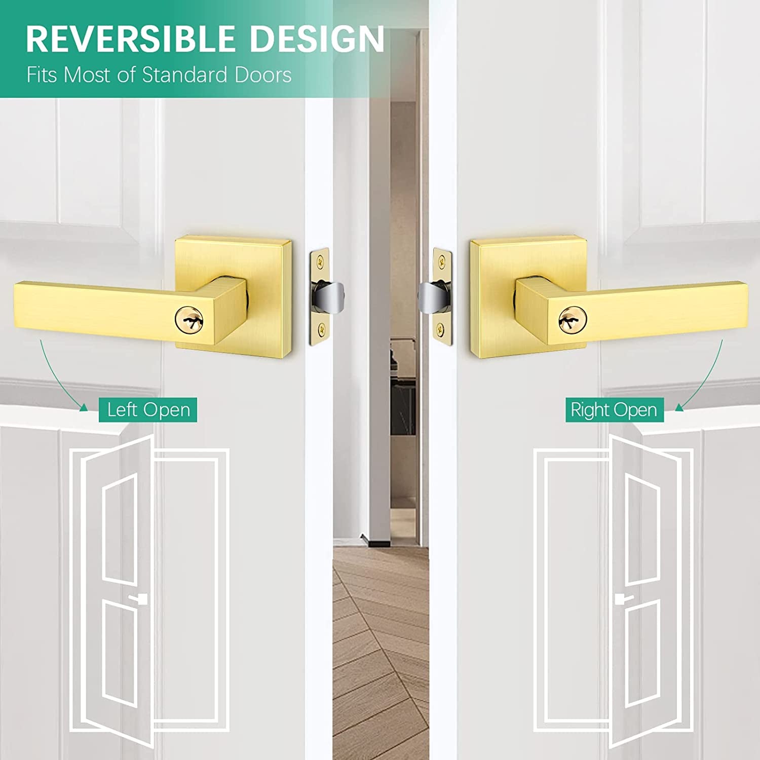 Satin Brass Keyed Entry Door Lever - Heavy-Duty Exterior Door Handle with a Keyed Entry Lock Set. Suitable for Left or Right-Handed Doors.