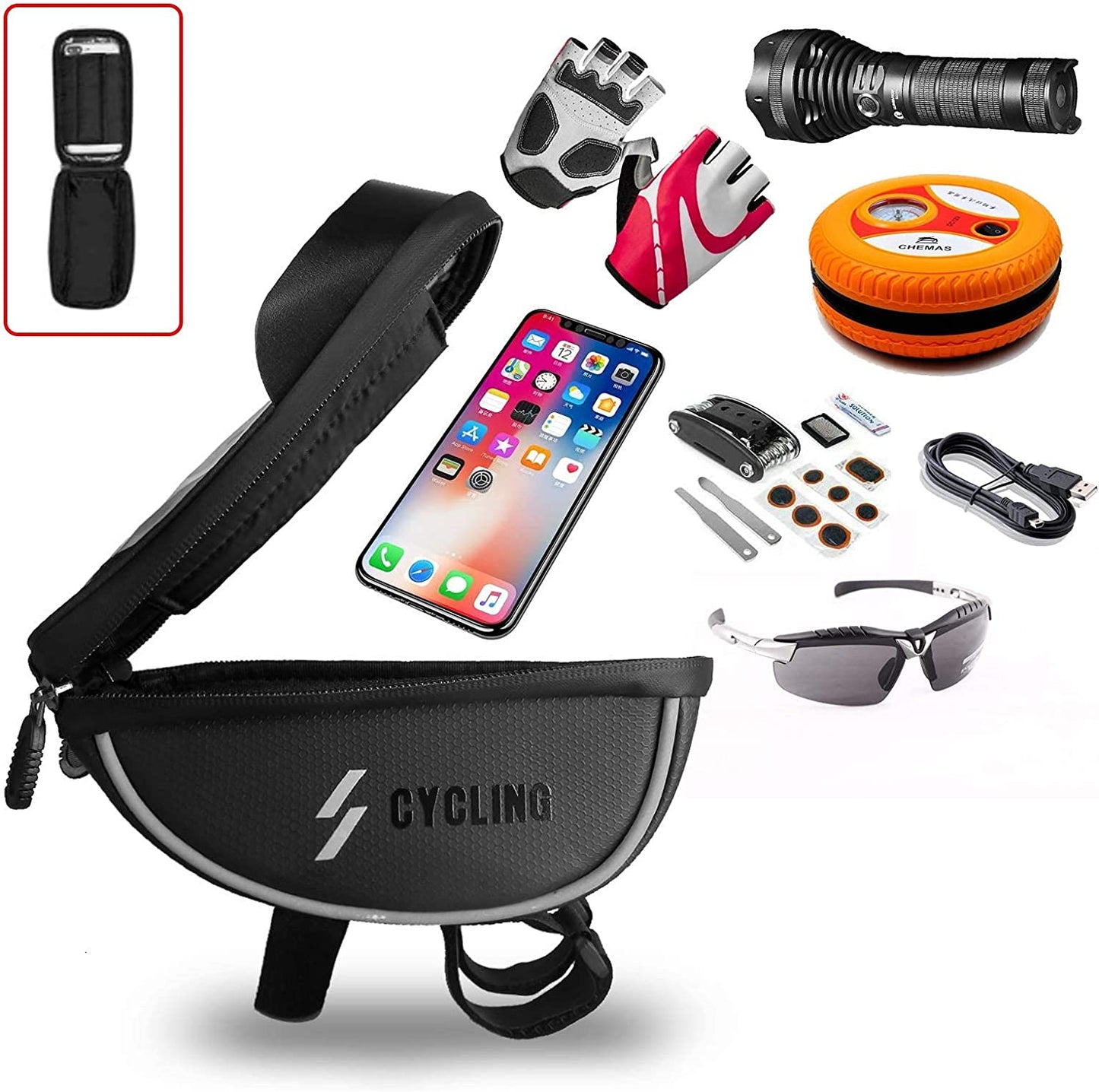 Waterproof Bike Handlebar Bag with Phone Mount Holder - Large Storage for iPhone 13, 12, 11 Pro, Xs Max, 8 Plus (6.5" and Below) - Ideal for Mountain & Road Cycling - Sensitive Touch Screen - Front Frame Top Tube Handlebar Bags - Accessories Pouch