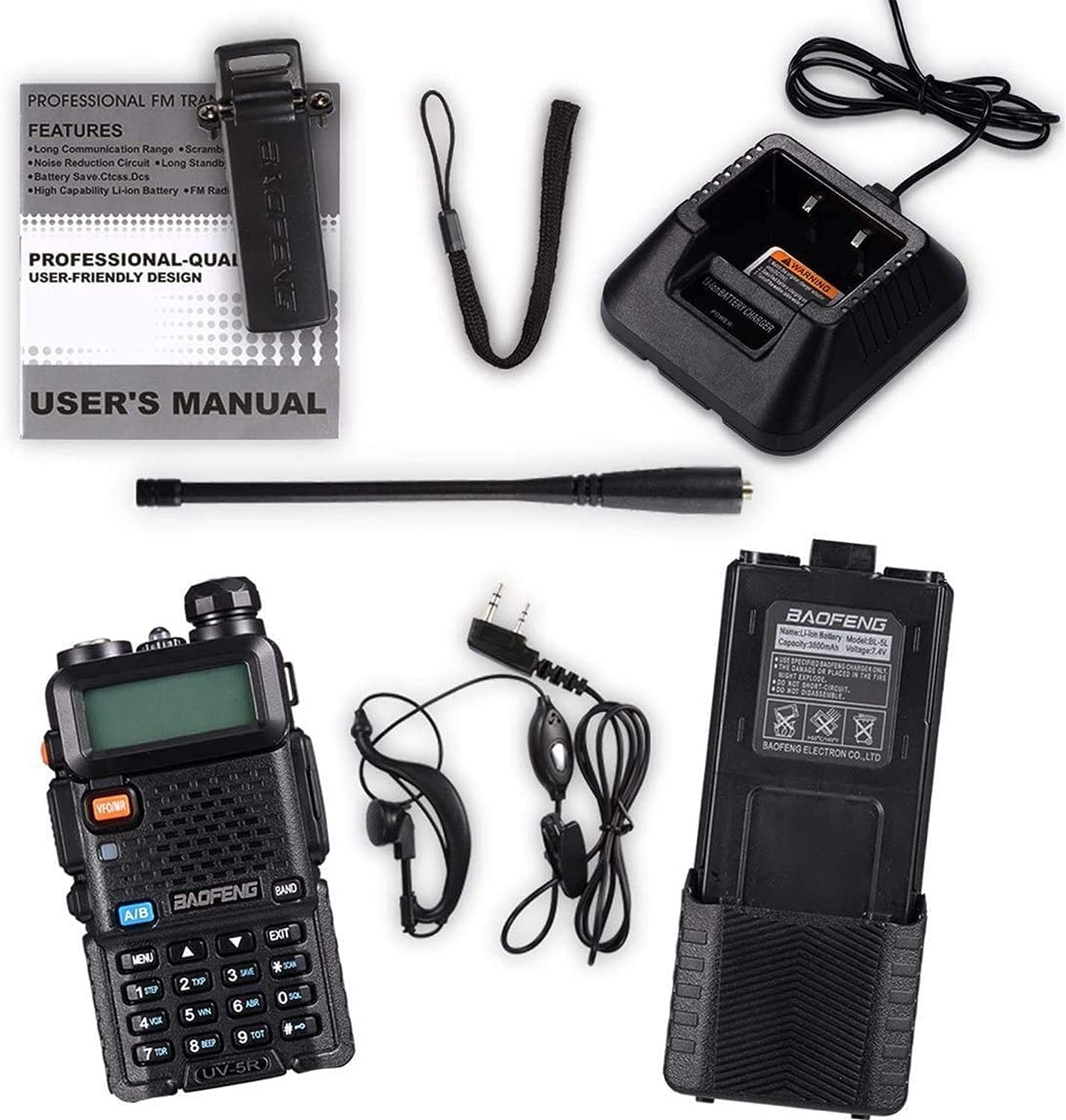 UV-5R 5W Handheld Radios - A Set of 2 with 3800mAh Batteries, Cases, Hand Mics, Earpieces, and One Cable included.