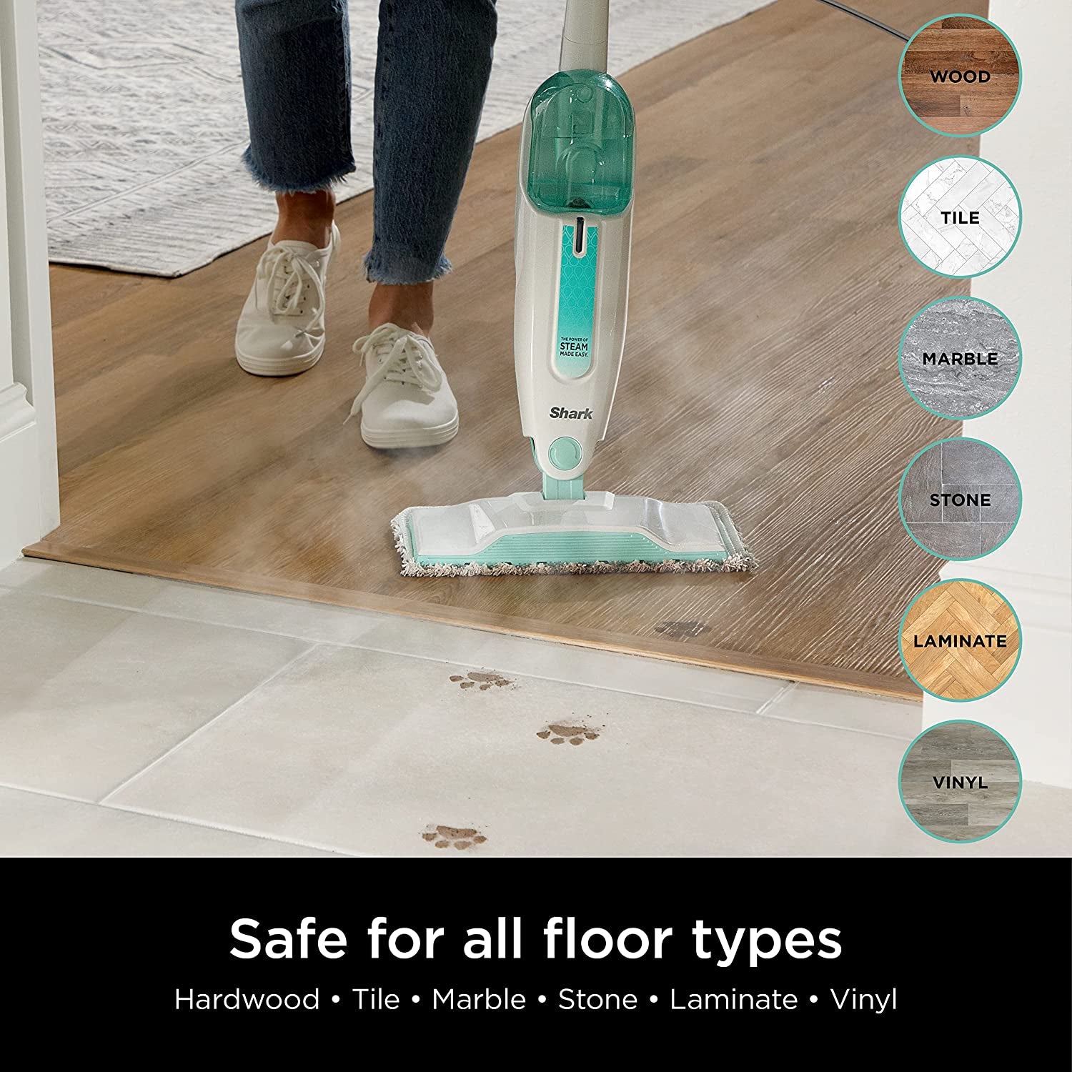 S1000 Steam Mop: Lightweight, Safe for All Sealed Hard Floors (Tile, Hardwood, Stone, Laminate, Vinyl, and More), Includes 2 Machine Washable Dirt Grip Pads, Removable Water Tank - White/Seafoam.