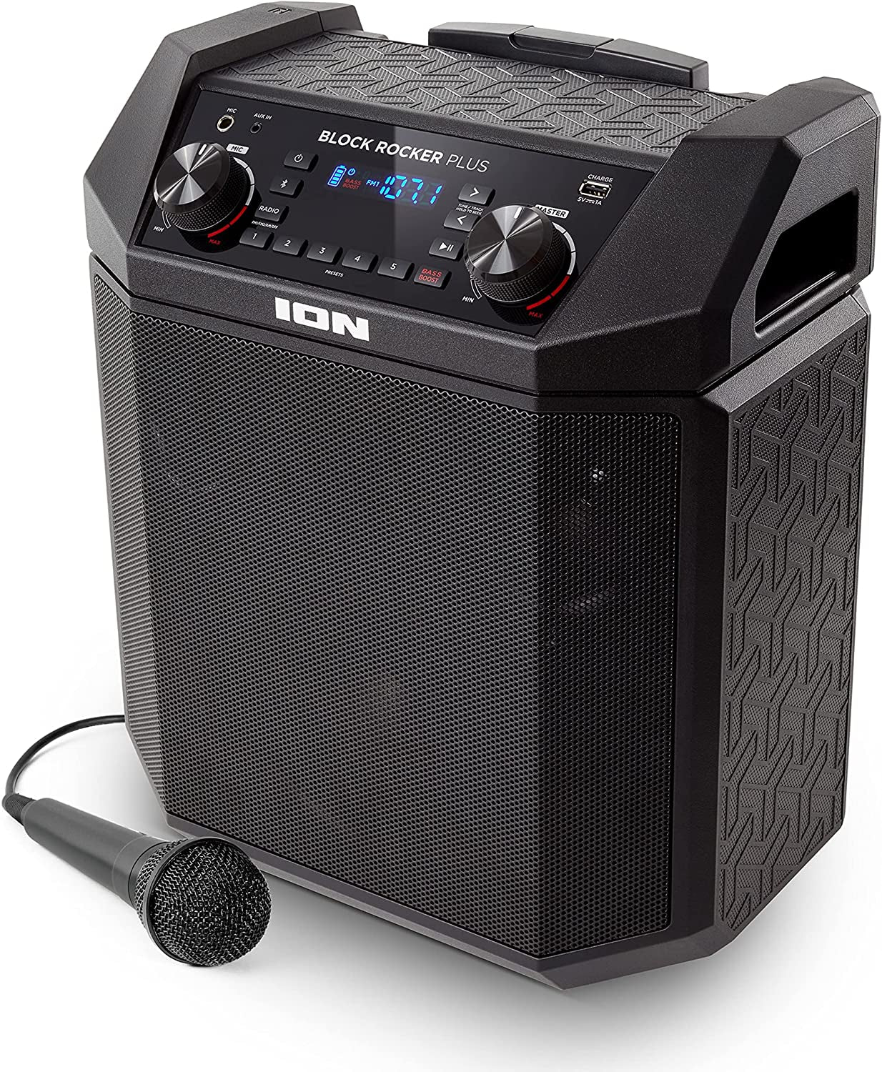 Audio Block Rocker Plus-Portable Bluetooth Speaker 100W W/Battery, Karaoke Microphone, AM FM Radio, Wheels & Telescopic Handle and USB Charging, Black