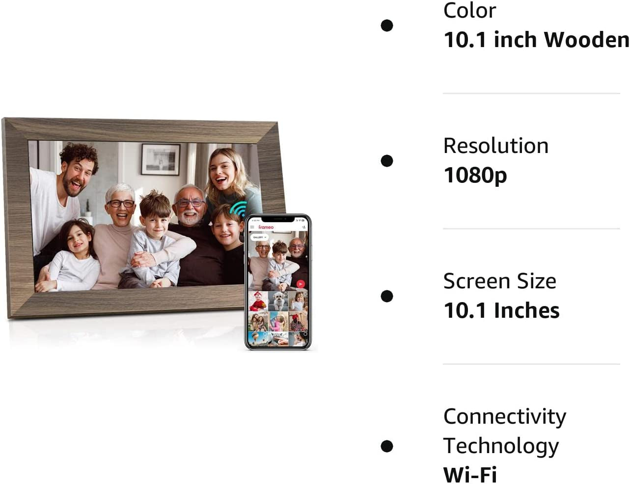 10.1 Inch Wifi Digital Photo Frame, IPS Touch Screen Smart Cloud Photo Frame with 16GB Storage, Wall Mountable, Auto-Rotate, Motion Sensor, Share Photos and Videos via Frameo App