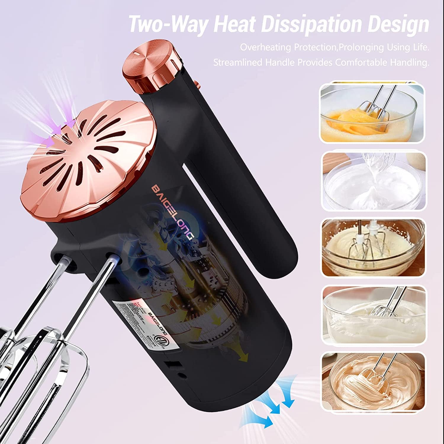 500W Ultra Power Electric Hand Mixer with Variable Speed Control - Includes 5 Stainless Steel Accessories for Baking, Dishwasher Safe - Black Rose Gold Color