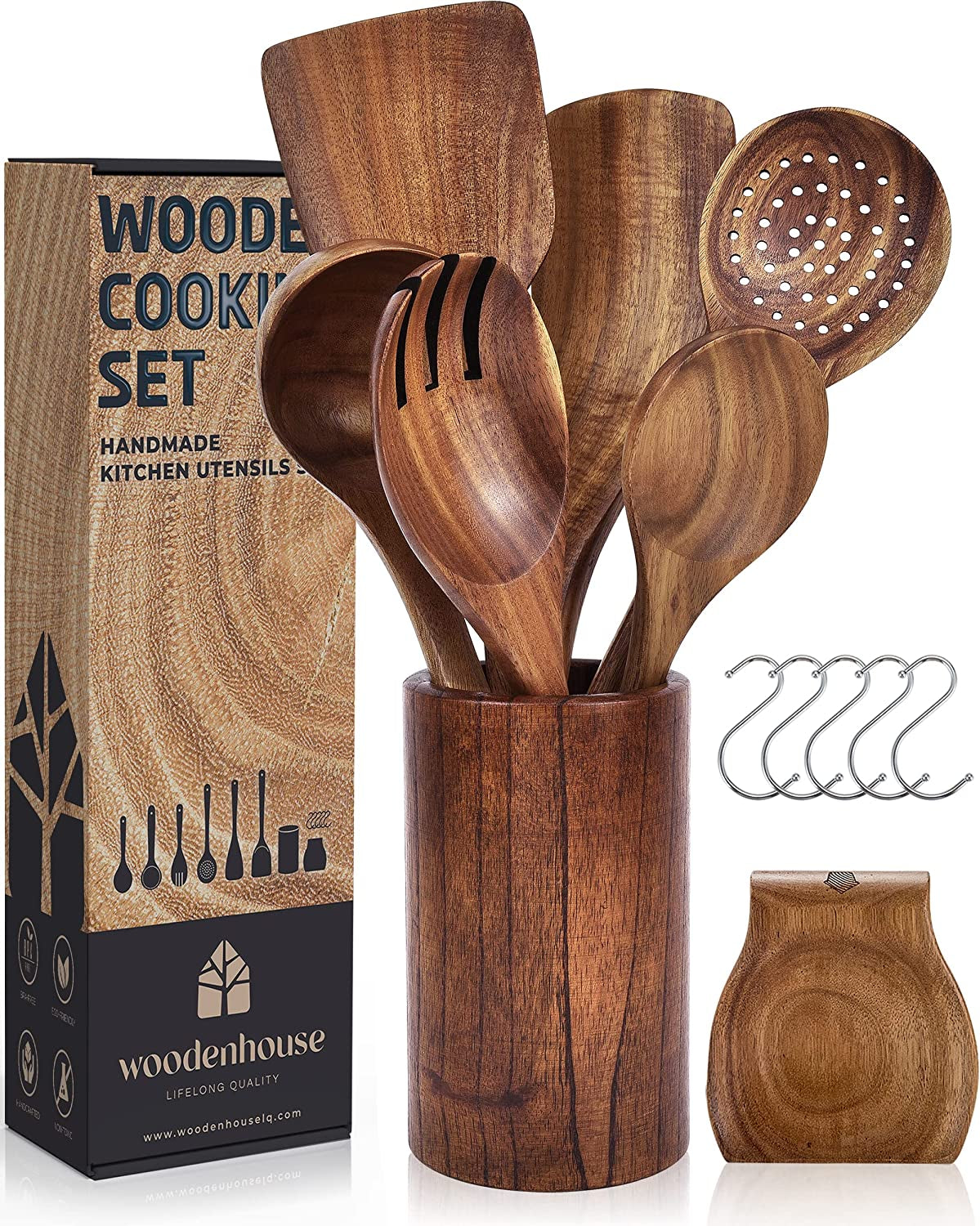 Teak Wood Cooking Utensils Set - Complete Kitchen Utensils Collection with Holder and Spoon Rest, Includes Wooden Spoons and Spatula for Healthy and Nonstick Cooking, Robust 13-Piece Set for Natural Kitchen Cookware