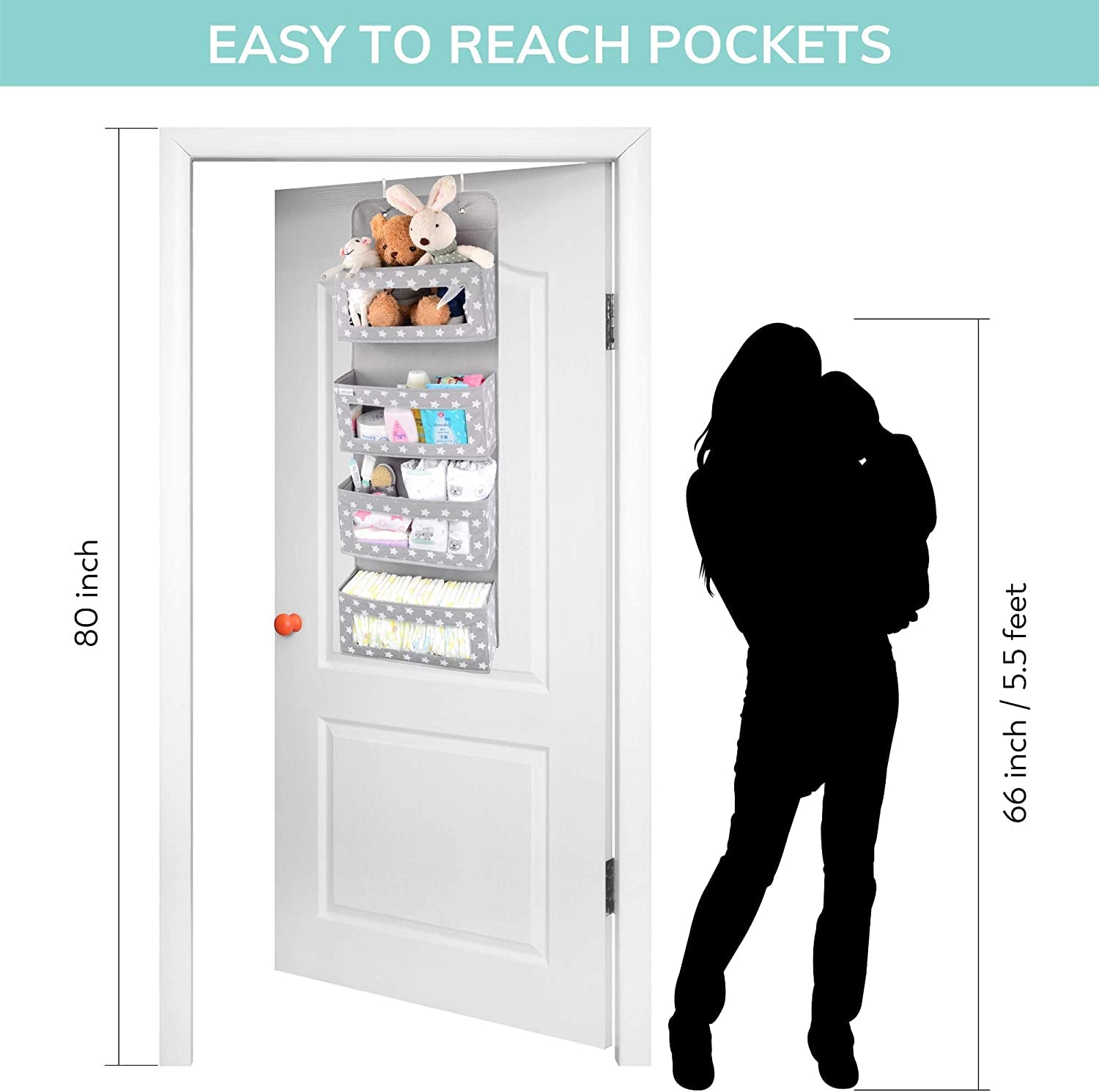 Over the Door Baby Organizer - 4 Pockets with Clear Window, 2 Utility Pockets. Unisex