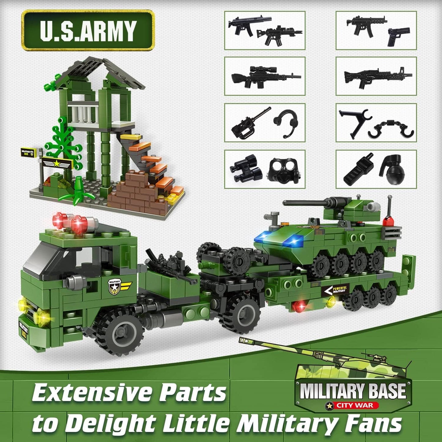 Police Station and Military Base Building Kit - Includes Heavy Transport Truck Toy, Armored Vehicles, Airplane, and Storage Box with Baseplate Lid - Perfect Present for Kids Aged 6-12, Suitable for Boys and Girls