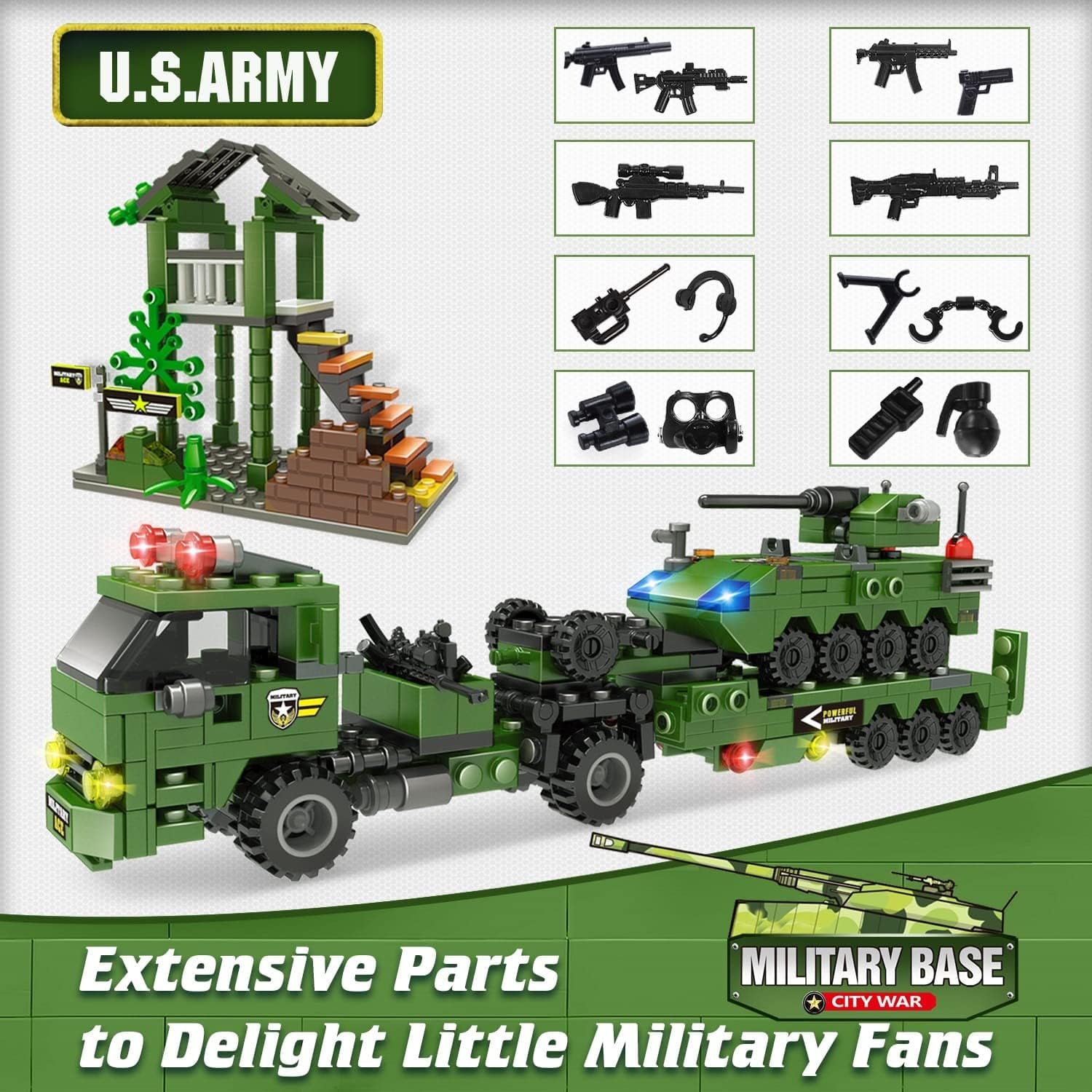 Police Station and Military Base Building Kit - Includes Heavy Transport Truck Toy, Armored Vehicles, Airplane, and Storage Box with Baseplate Lid - Perfect Present for Kids Aged 6-12, Suitable for Boys and Girls