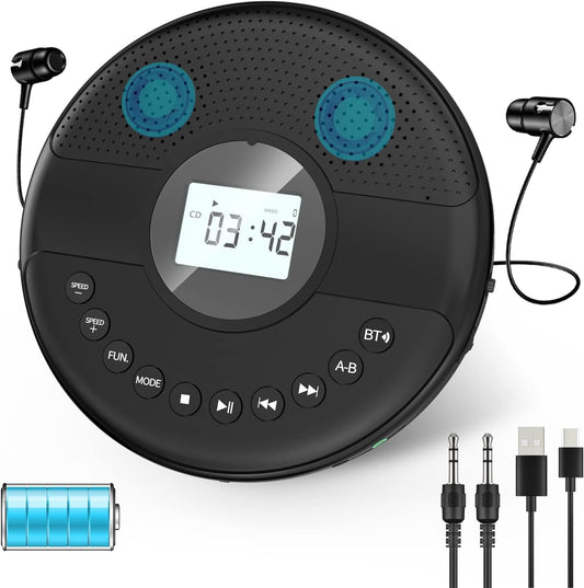 Portable Bluetooth CD Player with Dual Speaker - Rechargeable Discman with 1500 mAh Battery, Headphones, and AUX Cable. Features Anti-Skip Protection and an LCD Display. Ideal for Personal CD Playback and can be used in the car.