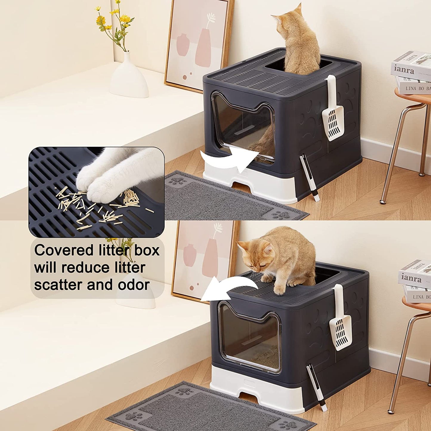  Foldable Cat Litter Box with Lid and Drawer, Large Top Entry  Litter Box with Cat Litter Scoop, Enclosed Kitty Litter Box - Easy Clean Low Tracking Cat Litter Pan (Black)