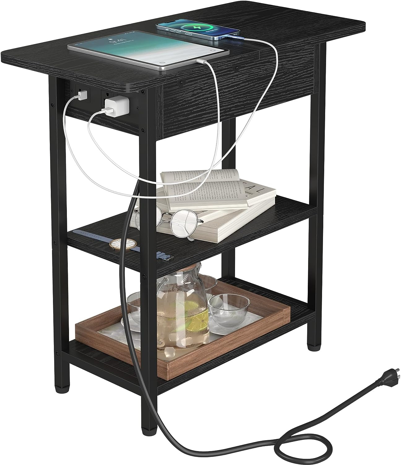 Charging Station End Table: Narrow Couch Side Table with USB Port, Outlet, and Flip-Top Design - Ideal for Small Spaces in Living Room or Bedroom - Color: Black