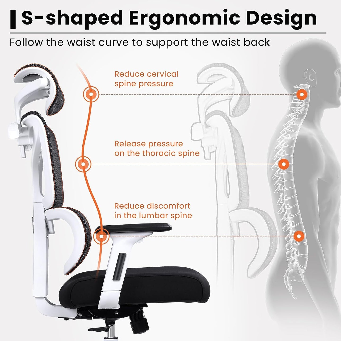 Ergonomic Office Chair with Upgraded Lumbar Support, Breathable Mesh, Adjustable 3D Arms, and Headrest - High Back Swivel Executive Chair for Computer Desk and Gaming