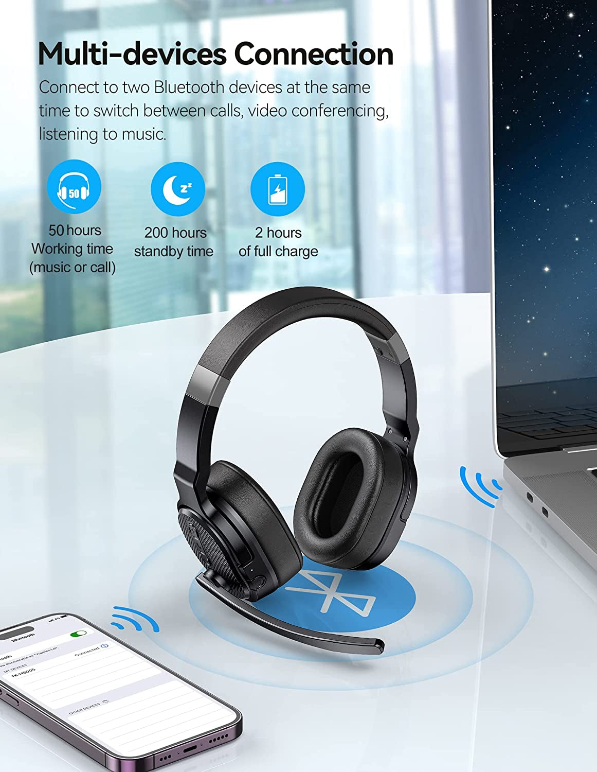 Wireless Bluetooth Trucker Headset with Microphone, Noise Cancelling, 3 EQ Music Modes - Bluetooth Headset for Truck Drivers, Office, and Call Centre Work, Single and Dual Ear Wireless Headphones