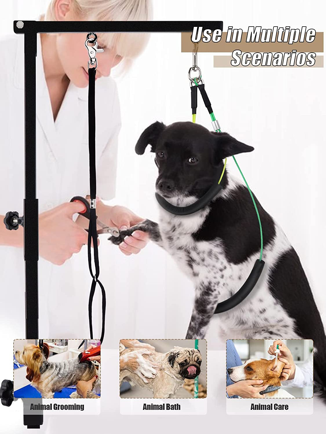 Foldable Pet Grooming Arm with Clamp, Dog Grooming Loop Noose & Two No Sit Haunch Holder, Adjustable Height Grooming Arm for Medium and Small Dogs (Black)