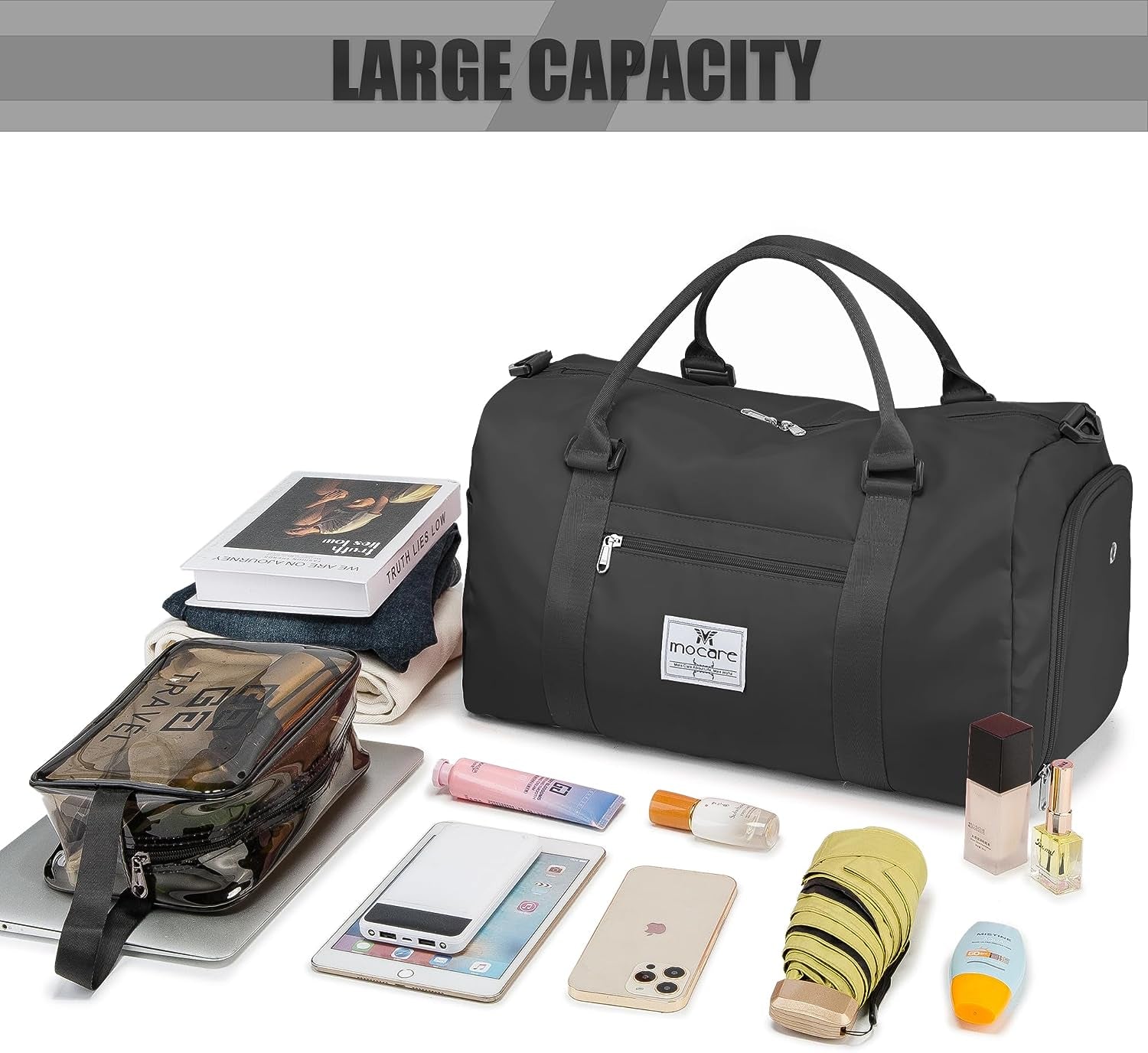 Waterproof Sports Gym Bag - Travel Duffel Tote with Shoes Compartment - Suitable for Women and Men - Multipurpose Overnight Weekender Bag for Yoga, Fitness, and More - Classic Black Design.