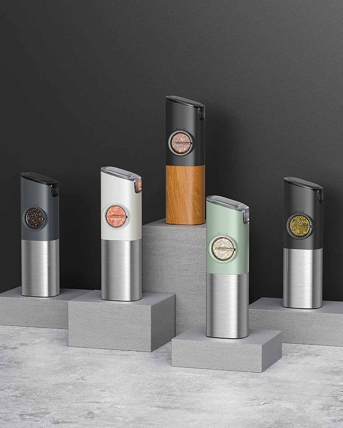 Rechargeable Salt and Pepper Grinder Set with Charging Base - Automatic Electric Pepper Mill, Adjustable Coarseness, Auto Dust Lids, LED Light, USB Type-C Cable - One-Handed Operation - Set of 2
