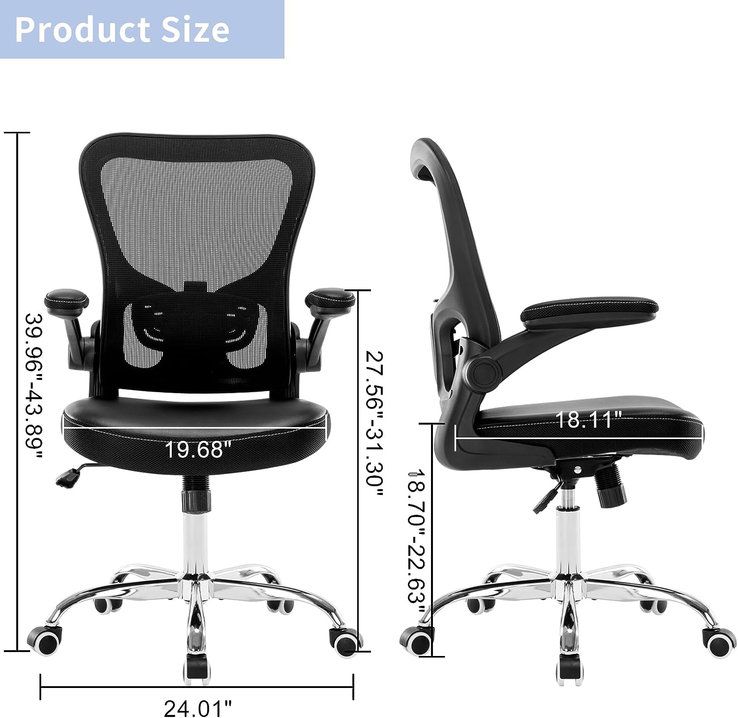 Ergonomic Office Chair - Mesh Mid-Back Design - Features Flip-Up Armrests - Adjustable Height - Equipped with PU Cushion - Suitable for Home and Computer Use - Color: Black.