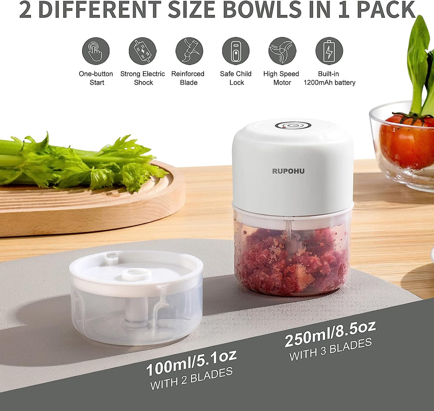 White Electric Garlic Chopper: Mini Portable Veggie Chopper with a 250ML+100ML capacity, suitable for grinding and mashing garlic, onions, ginger, chili, fruit, meat, and more. It's a wireless food processor ideal for various kitchen tasks.