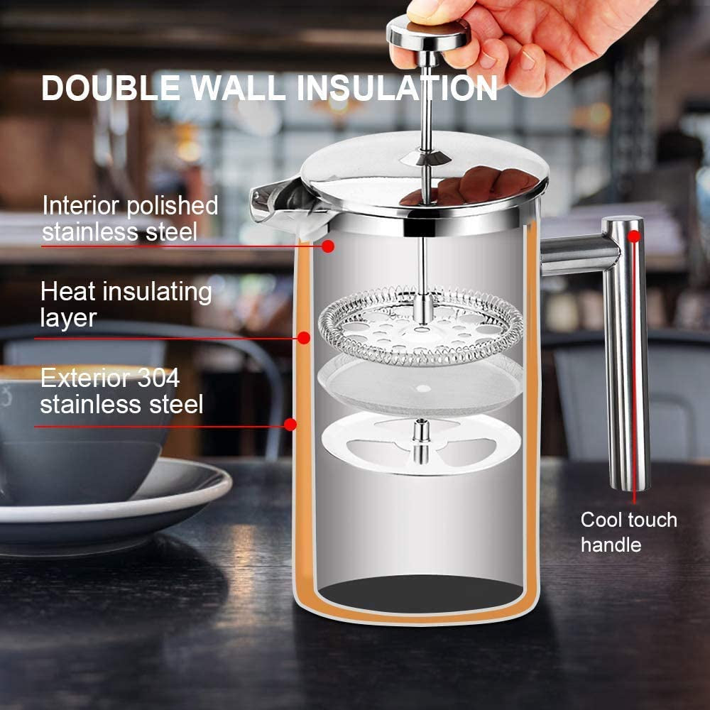 34oz (1 Litre) French Press Coffee Maker - Insulated 304 Grade Stainless Steel Coffee Press with 2 Extra Screens - Silver