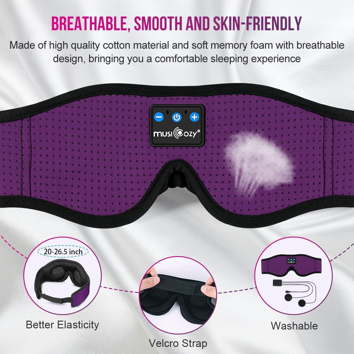 Wireless Sleep Headphones Bluetooth Headband with Breathable 3D Design - Music Eye Mask and Earbuds for Side Sleepers, Women, Office, Air Travel - Cool Tech Gadgets, Unique Gifts (Purple)