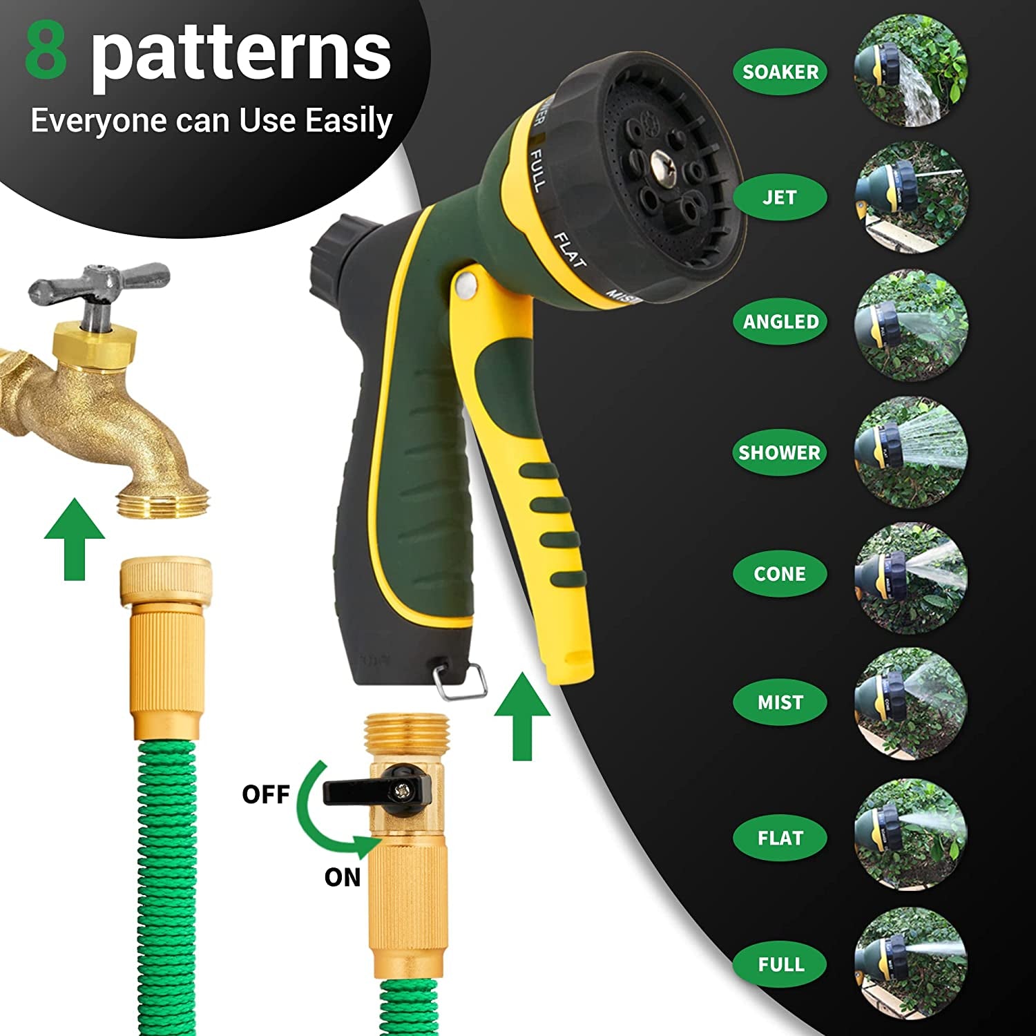 25 FT Expandable and Flexible Garden Hose: Made with Strength Durable Fabric and 12-Layer Latex Inner Tube. Lightweight, Easy to Store, and Kink-Free Water Hose. Features Leakproof Solid Brass Fittings with Nozzle. Available in Green.