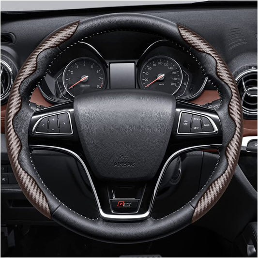 15" Universal PU Leather Carbon Fiber Texture Car Steering Wheel Cover - Segmented Design for a Stylish and Protective Car Interior Accessory, Suitable for Most Cars and SUVs; Coffee Color.