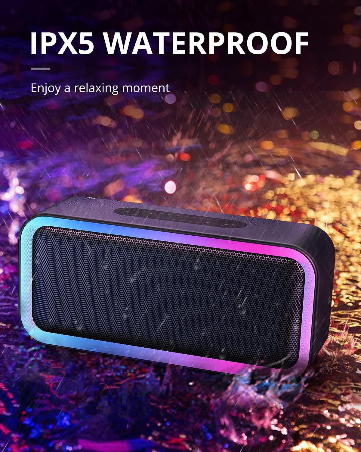 Portable Bluetooth Speaker: IPX5 Waterproof with RGB Lights. Enjoy Hi-Fi Loud Stereo Sound and 18H Playtime.