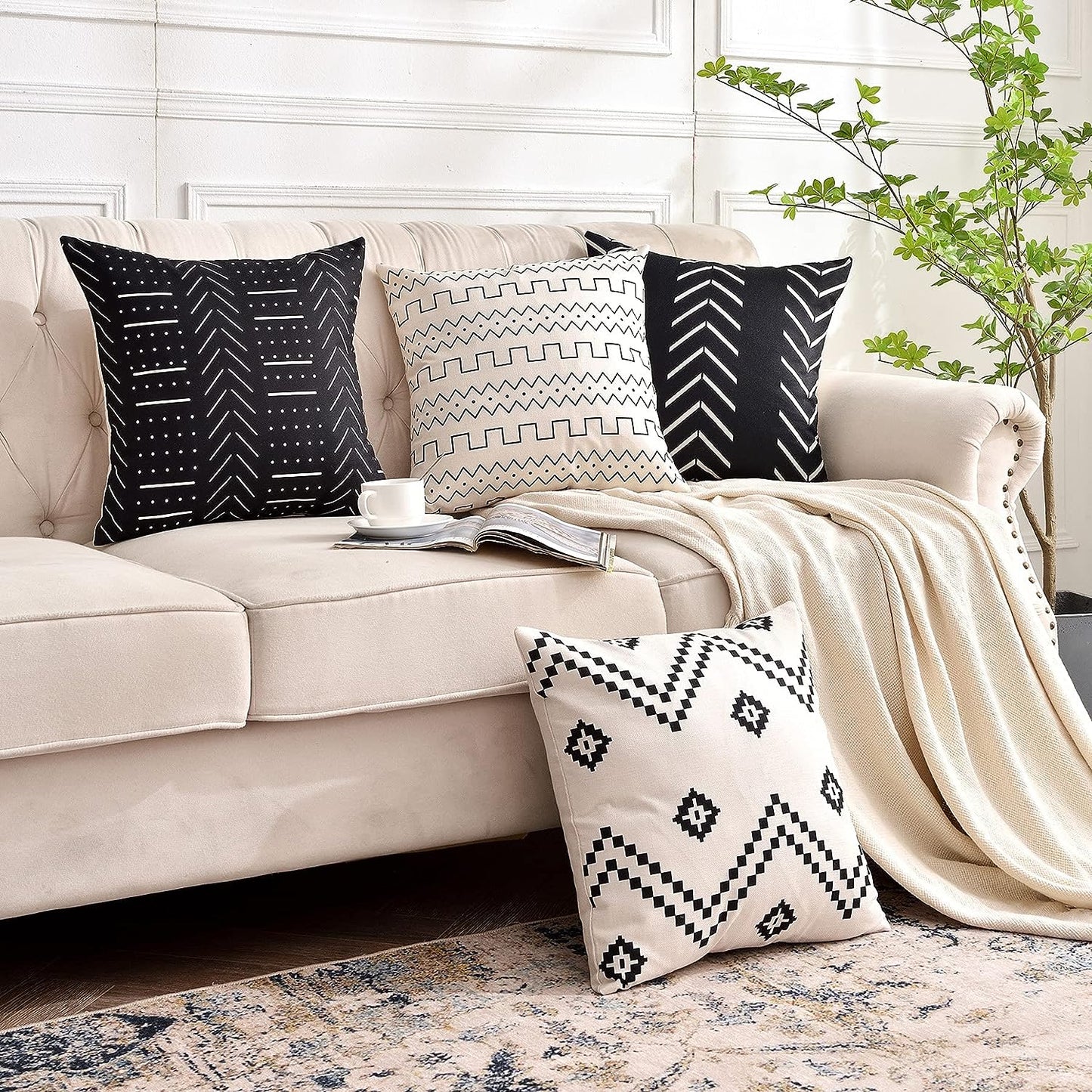 Pack of 4 Throw Pillow Covers, each measuring 18x18 inches: Made from a Linen Cotton Blended Fabric featuring Modern Geometric Patterns. These Decorative Sofa Square Cushion Cases enhance your decor with style.