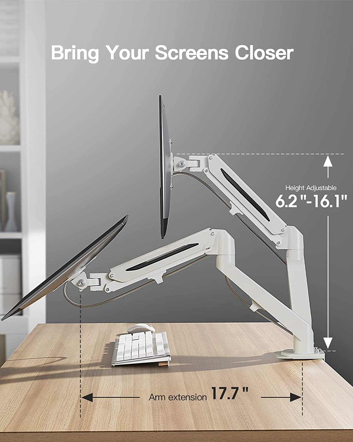 White Dual Monitor Stand with Gas Spring Adjustment - Supports 13-27 inch Screens up to 14.3 lbs Each, Featuring Dual Arms for Swivel, Tilt, Rotation, and Extension, Max VESA 100x100 Compatibility.