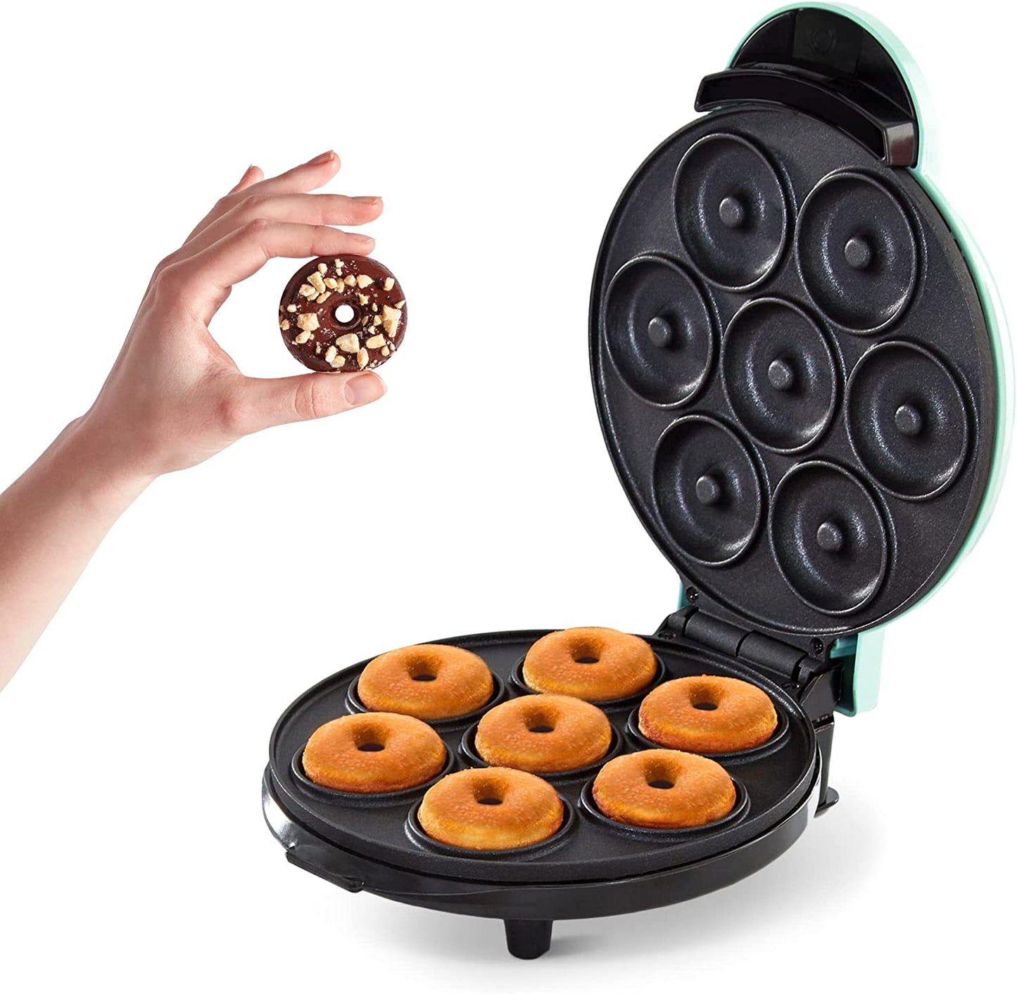  Mini Donut Maker with Non-stick Surface, Ideal for Kid-Friendly Breakfast, Snacks, Desserts & More, Produces 7 Doughnuts - Aqua