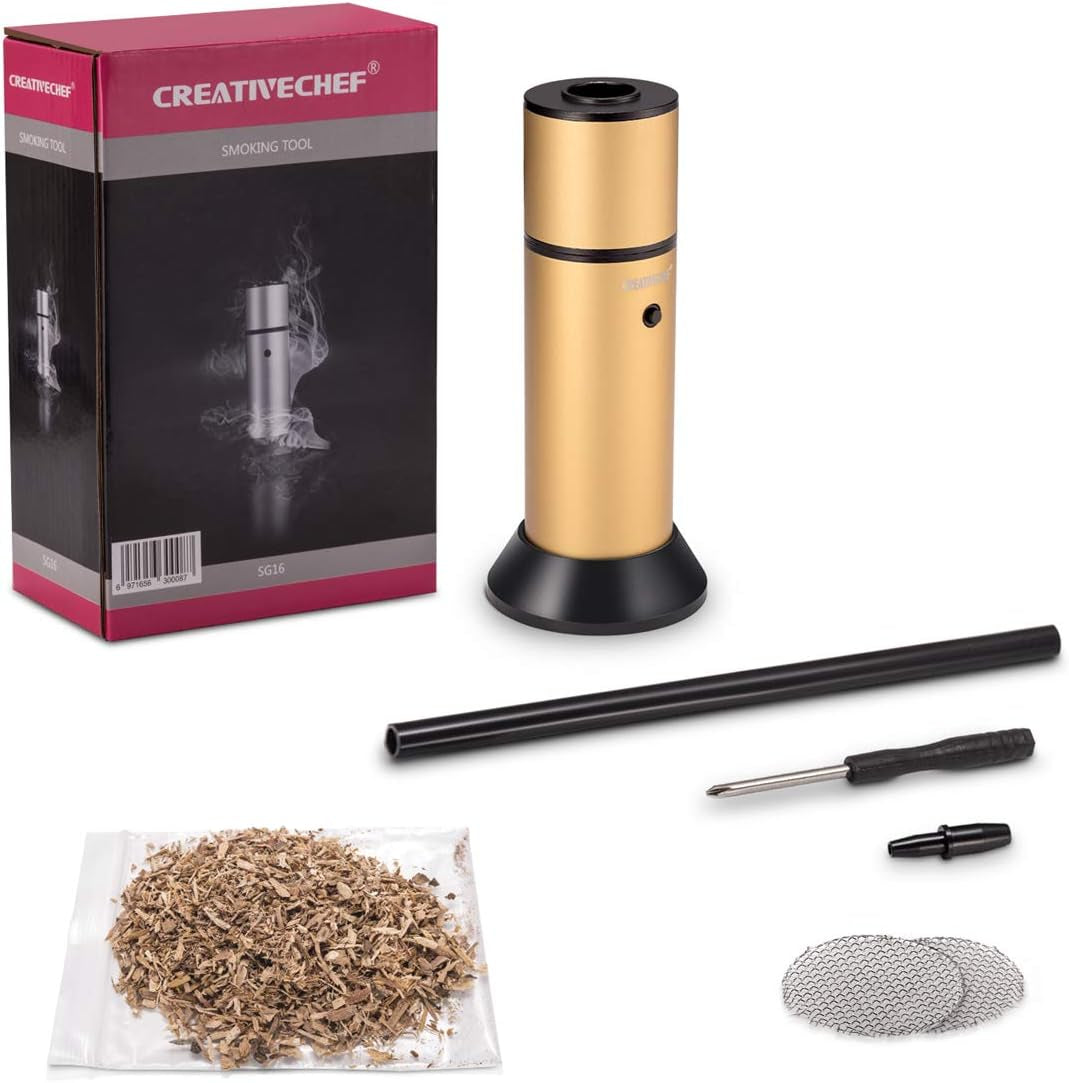  Portable Smoker Gun - Enhance Taste for Meats, Sous Vide, Grills, BBQ, Cocktails & Cheese - Includes Wood Chips (Y-Gold)