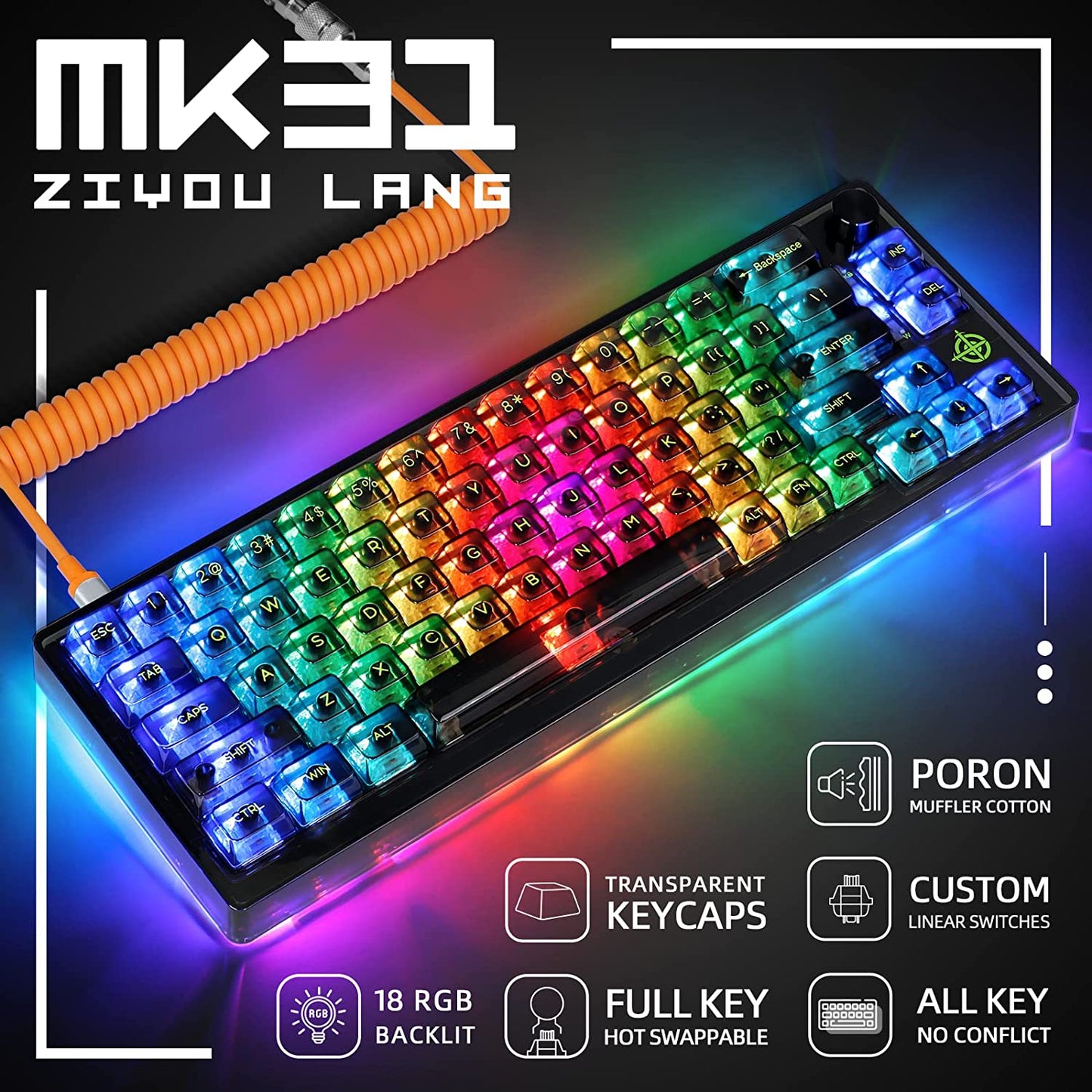 65% Wired Mechanical Gaming Keyboard - Hot-Swap and Programmable, featuring Transparent 66 Key Full Side RGB, OWERTY Linear Ice White Switch, Custom Coiled USB-C Cable, Media Knob, and 2-IN-1 Case. Compatible with Win, PC, and Mac Black