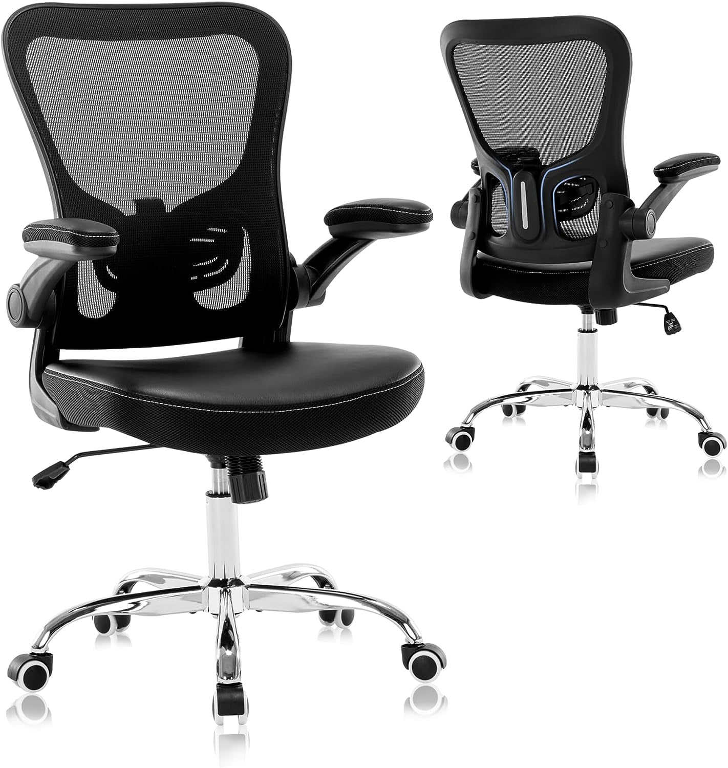 Ergonomic Office Chair - Mesh Mid-Back Design - Features Flip-Up Armrests - Adjustable Height - Equipped with PU Cushion - Suitable for Home and Computer Use - Color: Black.