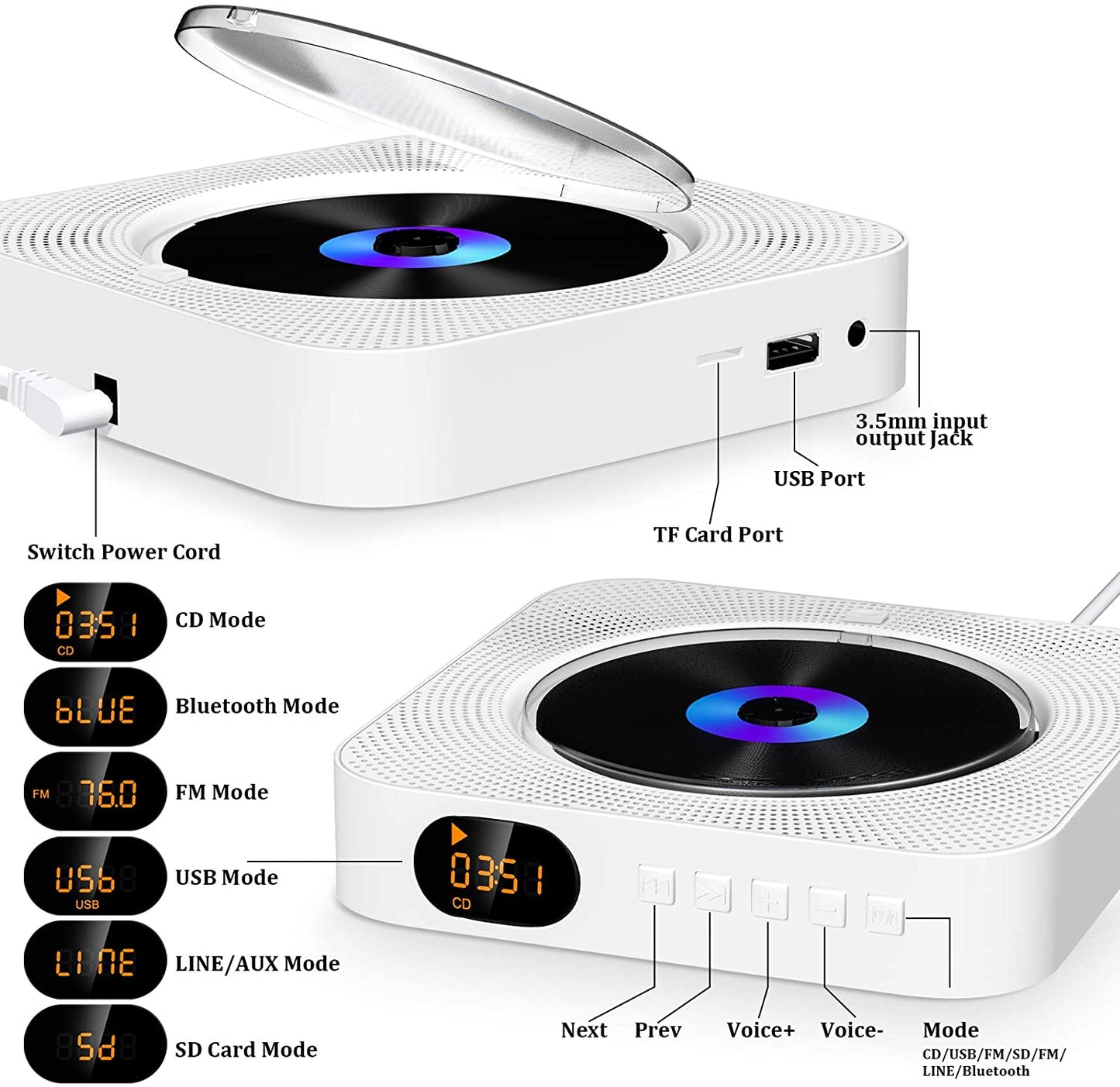 Portable CD Player with Bluetooth - Wall Mountable CD Music Player designed for home audio. Features include a Remote Control, FM Radio, Built-in HiFi Speakers, MP3 Compatibility, Headphone Jack, and AUX Input/Output.