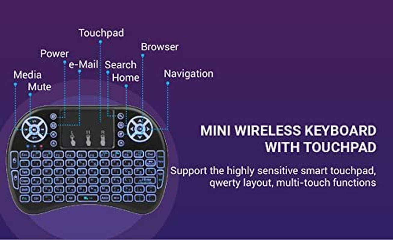 Wireless Mini Keyboard Remote Control - Includes Touchpad Mouse Combo and RGB Backlit - Designed for Smart TVs, Android TV Boxes, PCs, and IPTV - Operates on 2.4GHz Frequency.