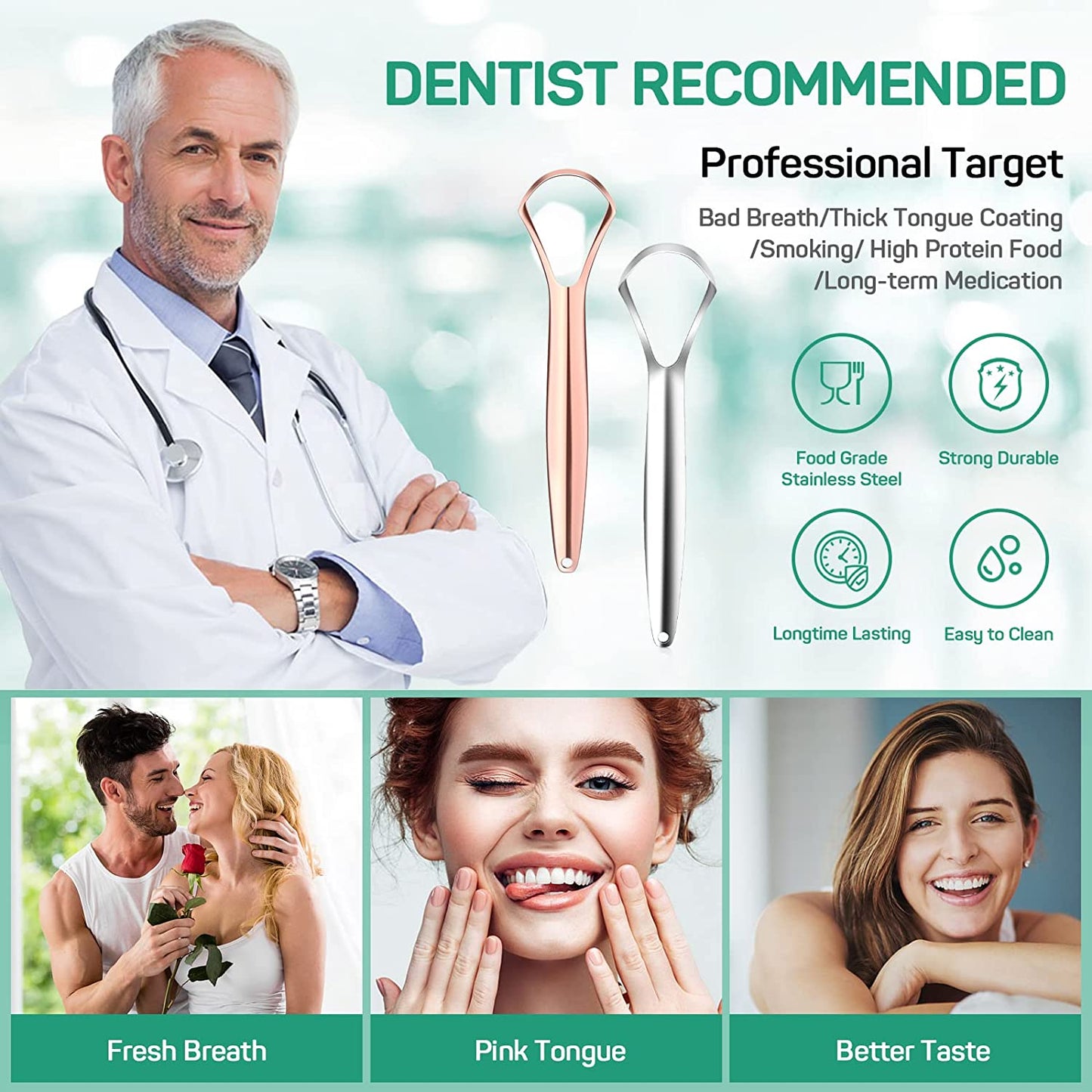 Stainless Steel Tongue Scraper - Pack of 2 - Promotes Fresher Breath and Eliminates Bad Breath Instantly