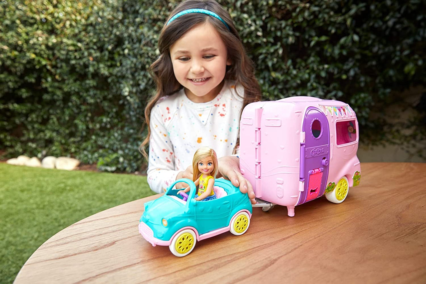 Club Chelsea Toy Car & Camper Playset - Includes Blonde Chelsea Small Doll, Puppy, and 10+ Accessories. Unhitch & Open for Campsite Fun.