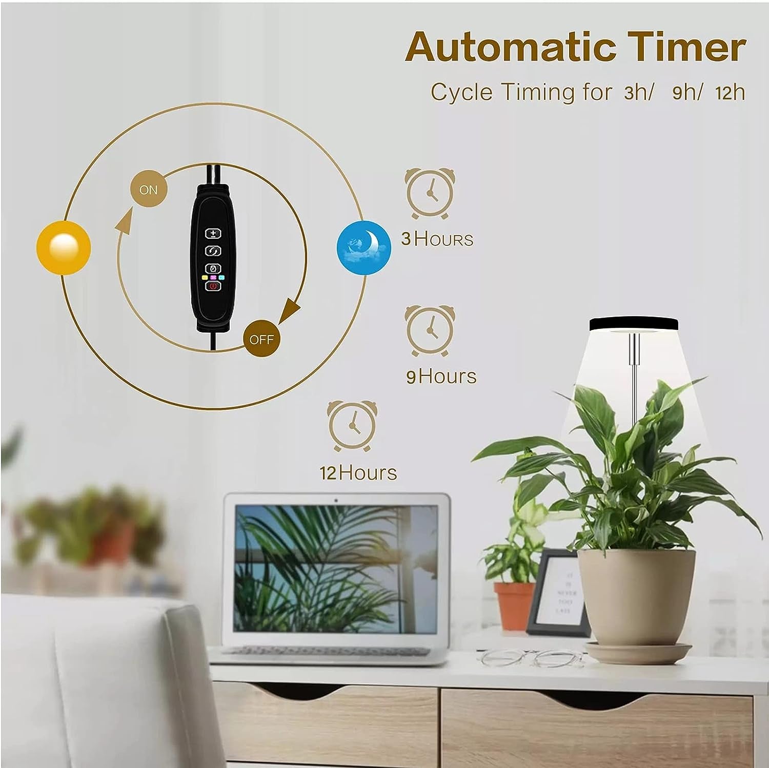 Full Spectrum LED Grow Light: Designed for Indoor Small Plants. Features Height Adjustable with Auto On/Off Timer (3/9/12H) and 3 Colors Halo Grow Lights. Also, 10-Level Dimmable Brightness for optimal plant growth.