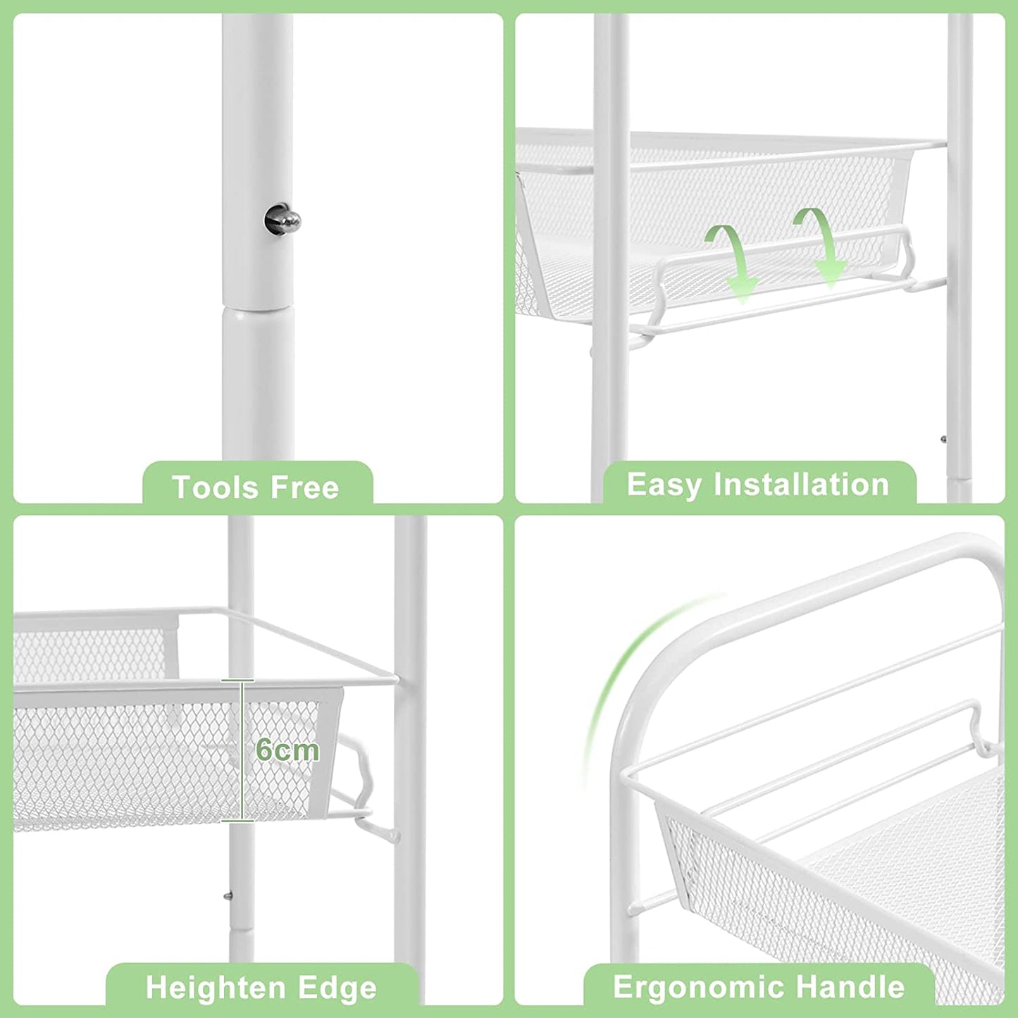 Rolling 3-Tier Cart - Easy Assembly, Mobile Storage Trolley with Wheels, Slide-Out Utility Cart for Kitchen, Bathroom, Laundry Room White