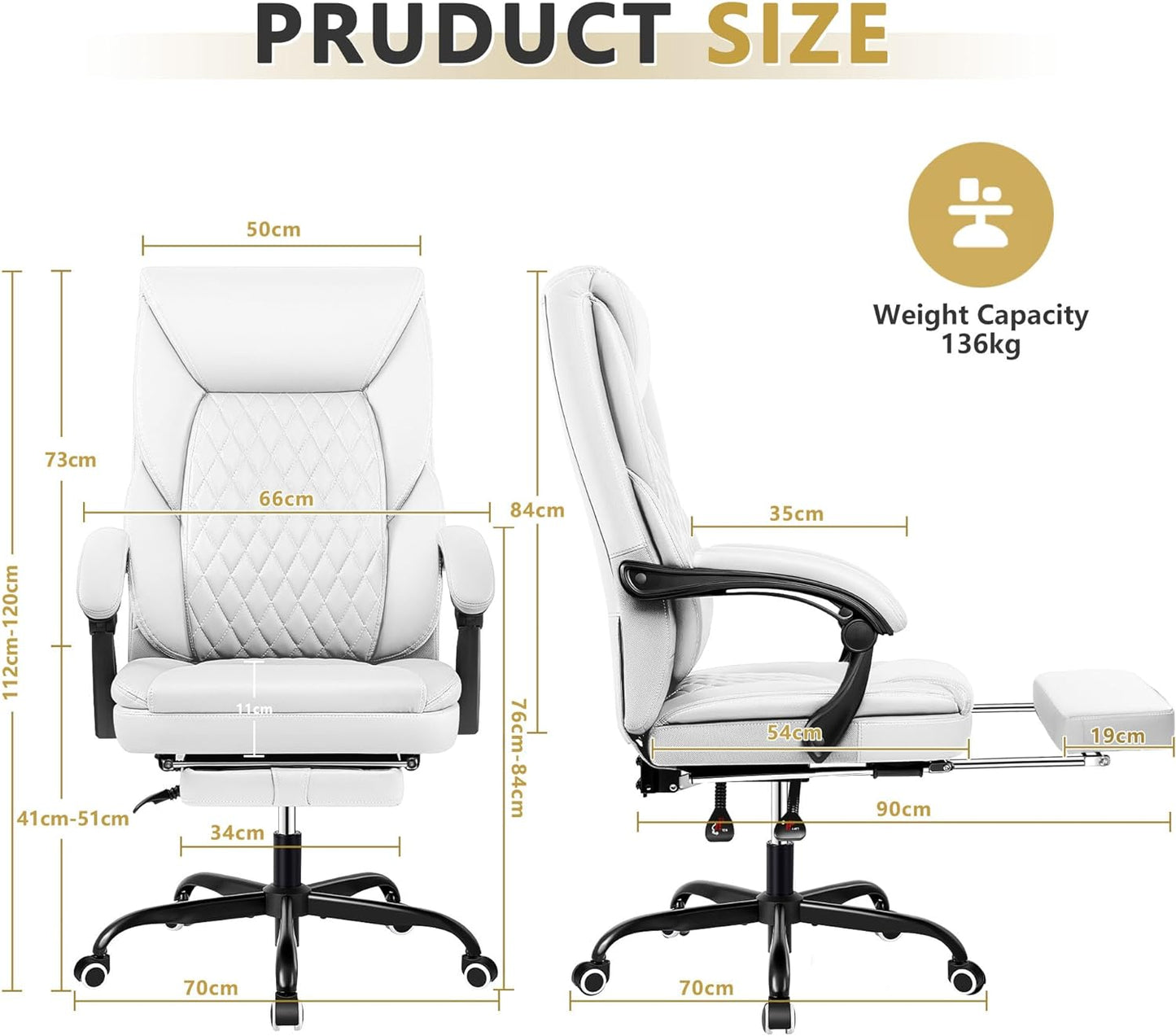 Executive Ergonomic Office Chair with Foot Rest and Lumbar Support, Designed for Big and Tall Individuals - White