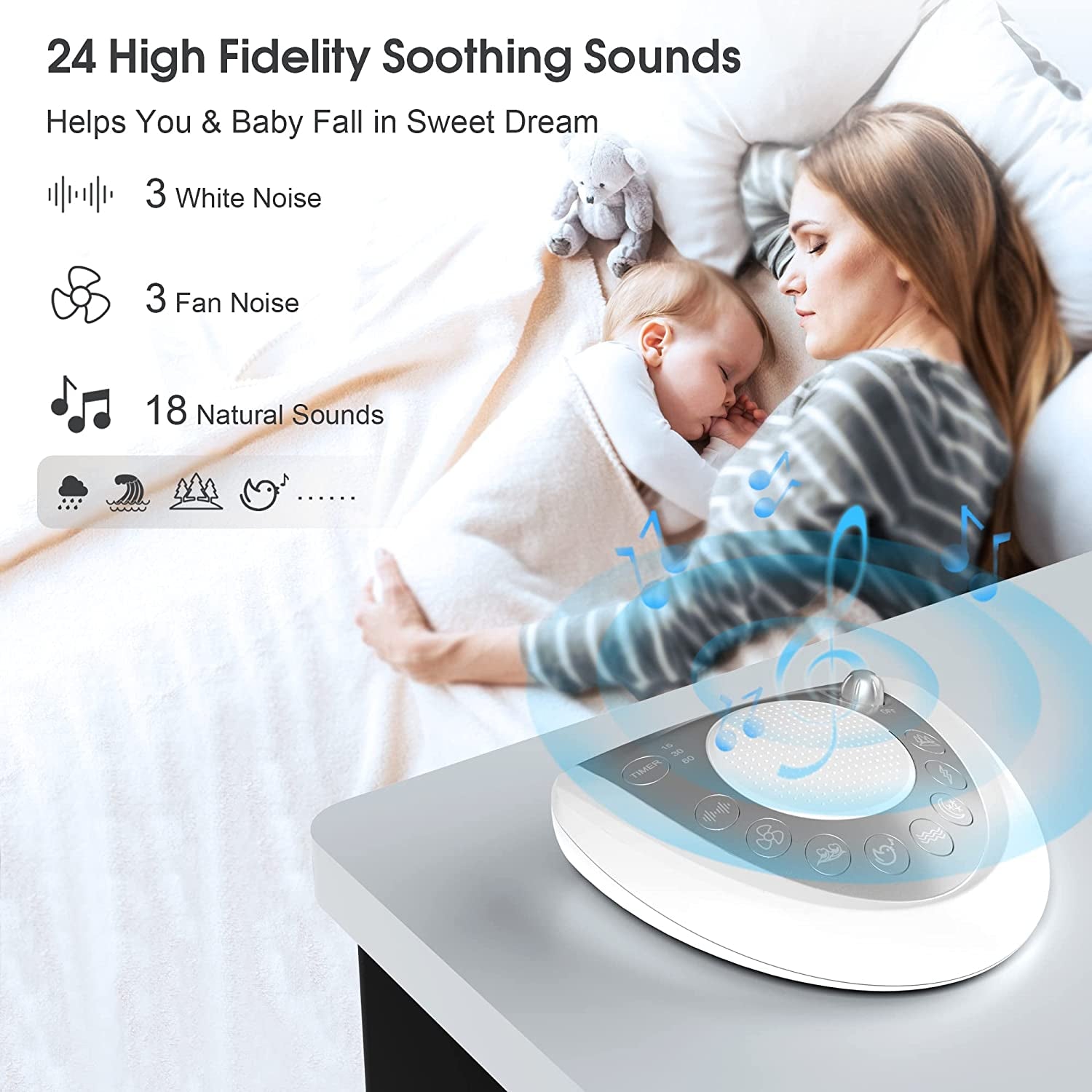 White Noise Sound Machine for Adults: Features 24 Nature Sounds, Adjustable Sound Levels, 3 Sleep Timers, and can be Powered via Plug-In or Batteries. It also includes an Earphone Jack, Memory Function, and Phone Charger.