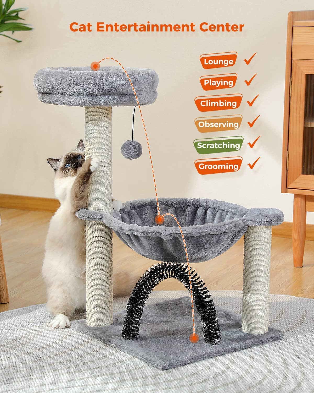 28" Small Cat Tree with Plush Hammock, Scratching Post, Top Perch, Cat Brush, and Dangling Ball - Ideal for Indoor Kittens - Grey