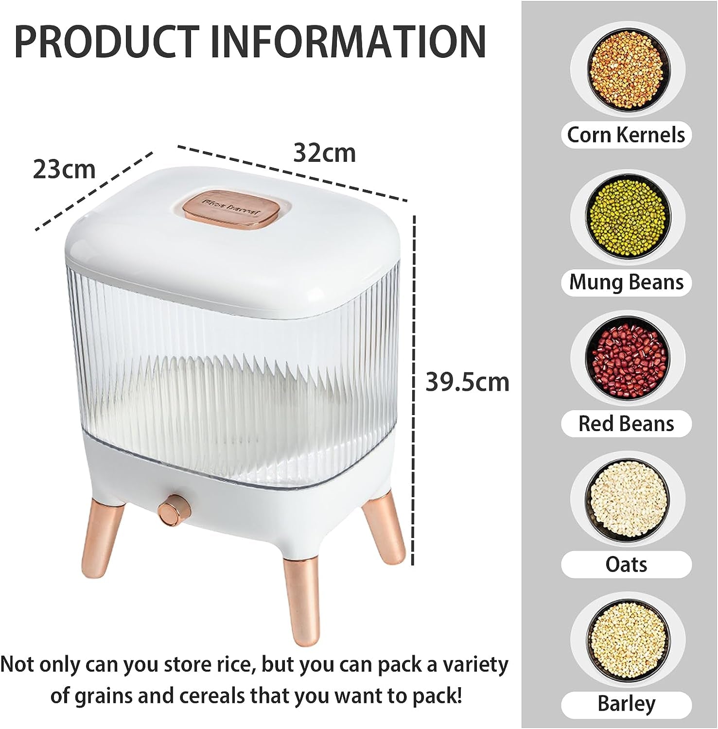 Rice and Cereal Dispenser: 10kg/22lbs Automatic Grain Dispenser with Included Rice Cup, Ideal for Storing Grains, Beans, Flour, Nuts, Coffee, and More in Kitchen Food Storage Containers