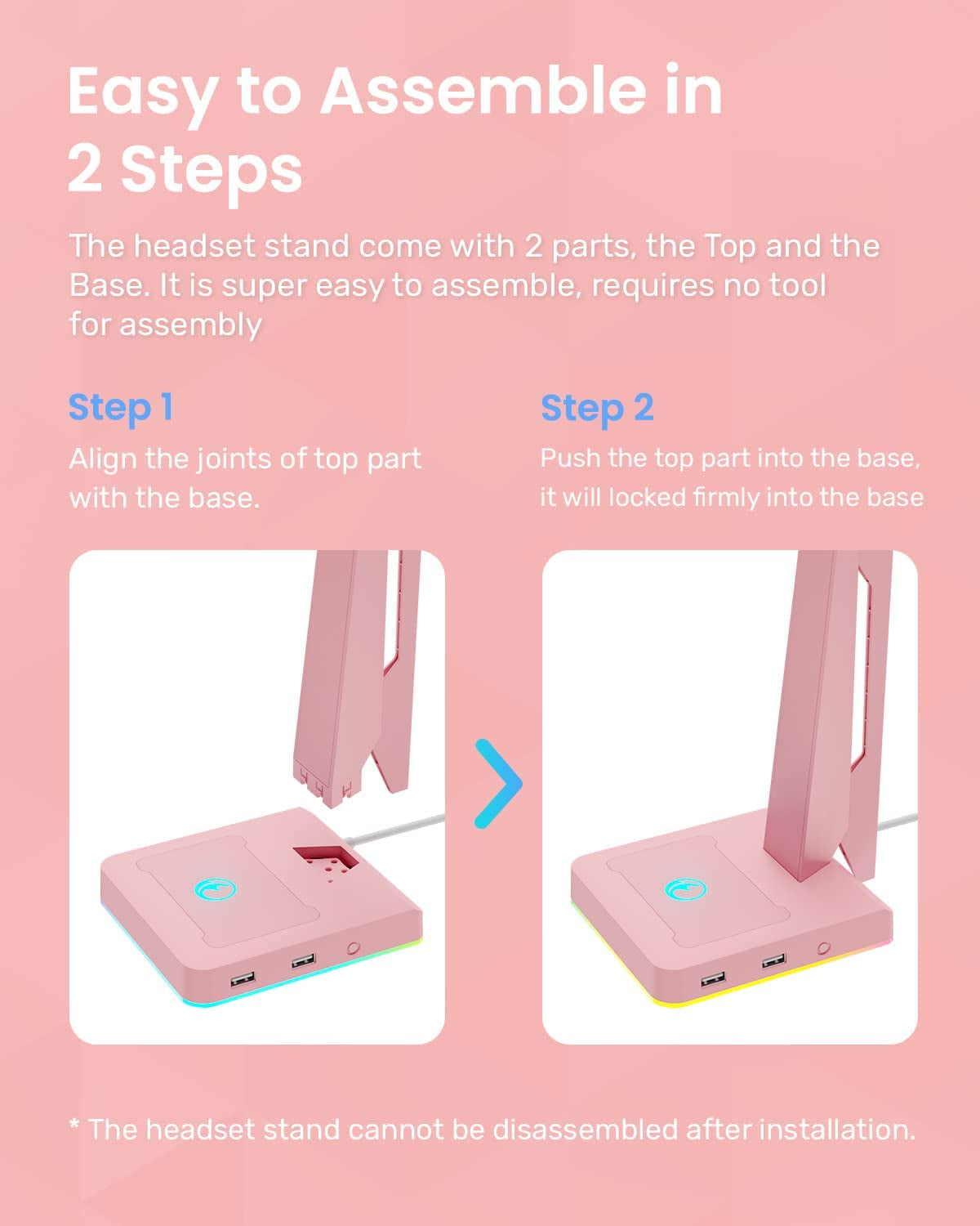 Pink RGB Gaming Headset Stand: Game Headphone Mount with 2 USB Ports. Great for PC, Xbox One, PS4, Switch. Features Earphone Holder Hanger. Perfect for Gaming Stations and Fancy Desk Gamer Accessories.