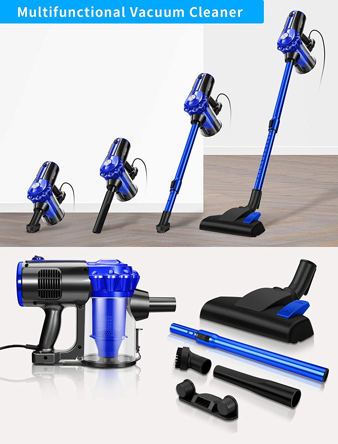 E600 Vacuum Cleaner - Corded, 17KPa Powerful Suction, Bagless, Lightweight Stick & Handheld Vacuum for Hard Floor and Tile, Blue.