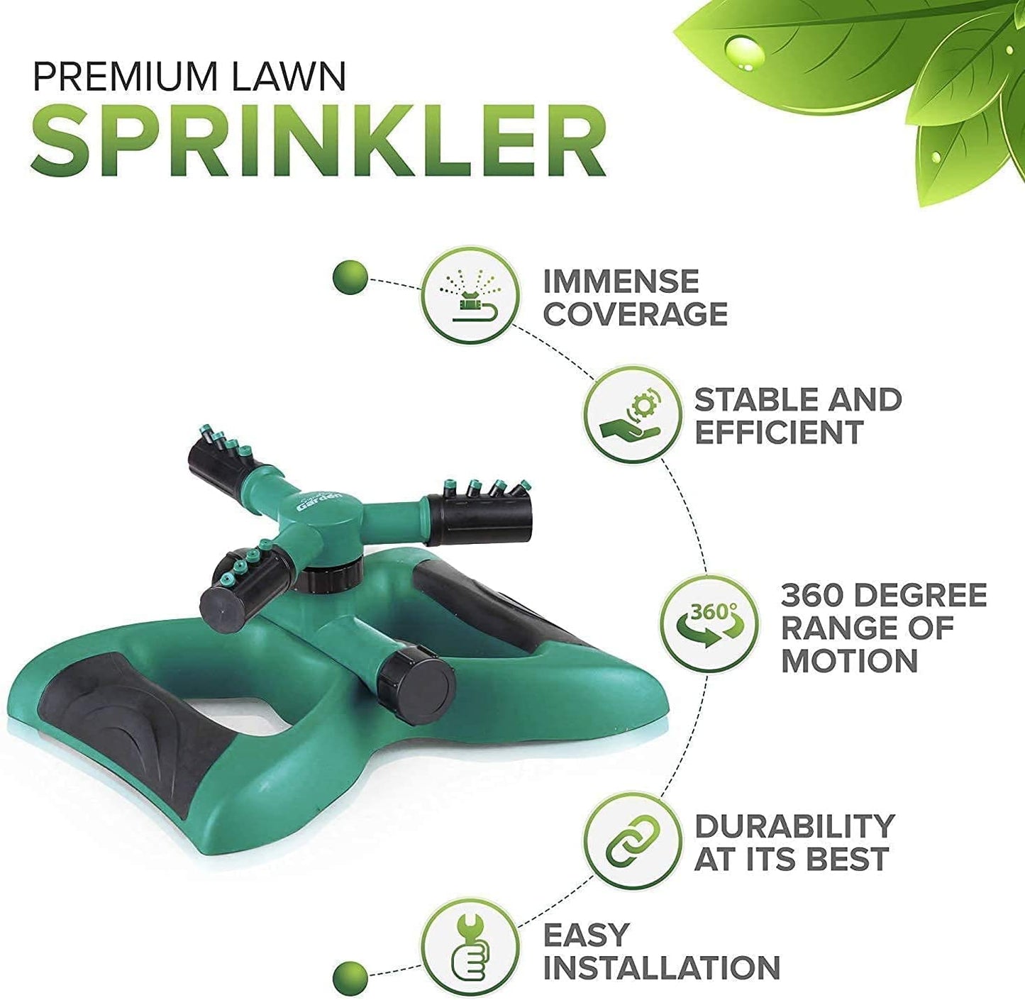 Three Arm Garden Sprinkler with Twelve Built-in Spray Nozzles - Provides 360 Degree Rotation and Covers 3600 Square Feet