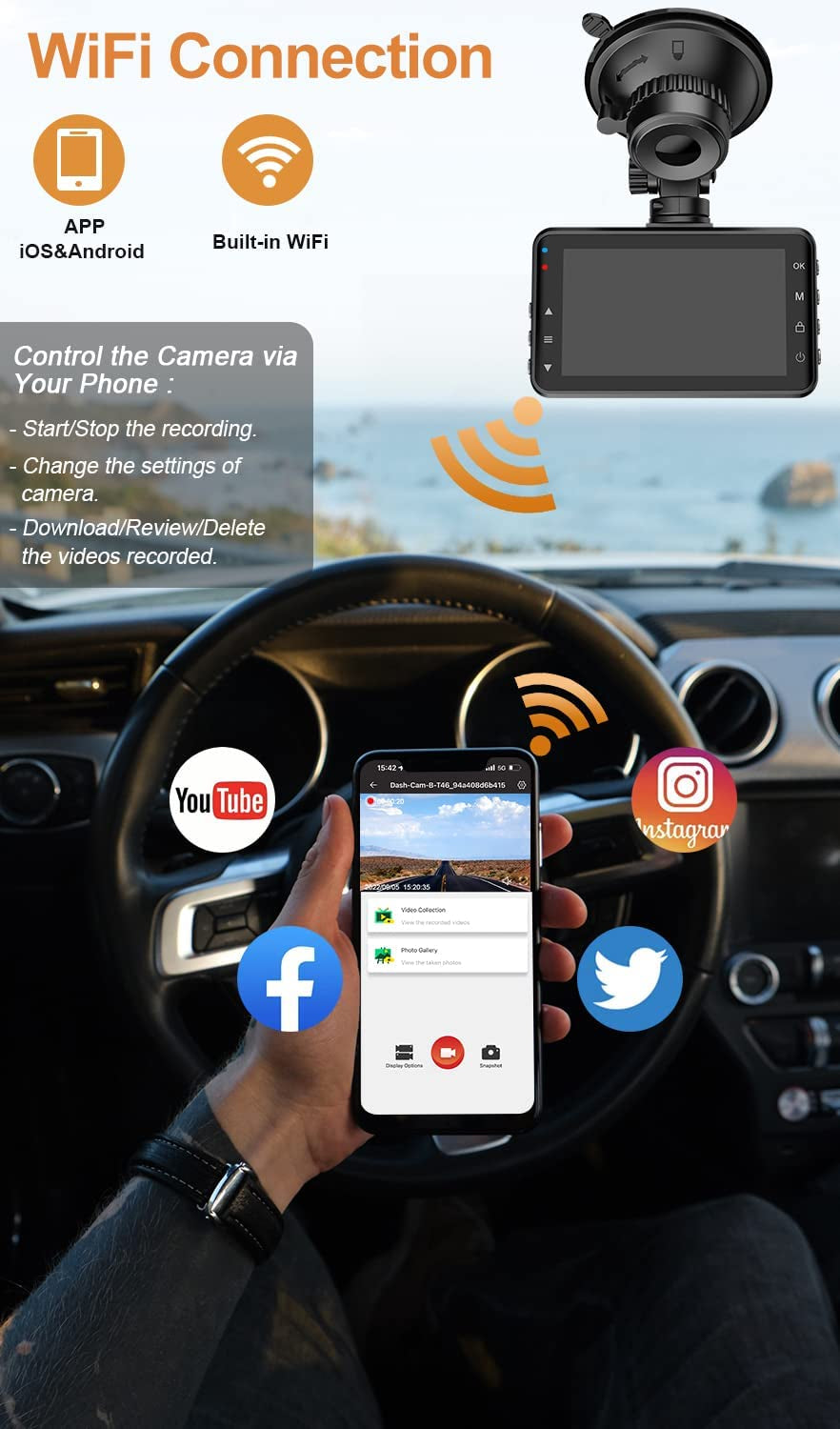 4K Wifi Front and Rear Dash Cam - 3 Inch Dash Camera for Cars with 1080P Rear Camera, Dual Dash Cam with Included 64GB Micro SD Card, Dashboard Camera with Night Vision, Parking Monitor, and Motion Detection