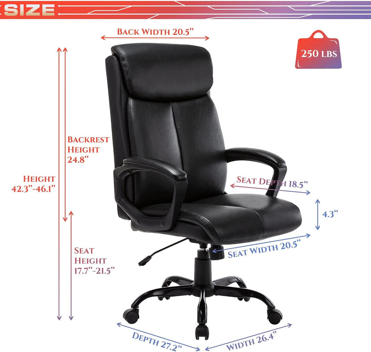 Executive Bonded Leather High-Back Office Chair - Swivel Task Chair with Rocking Function, Designed for Computer Desks, in Black.