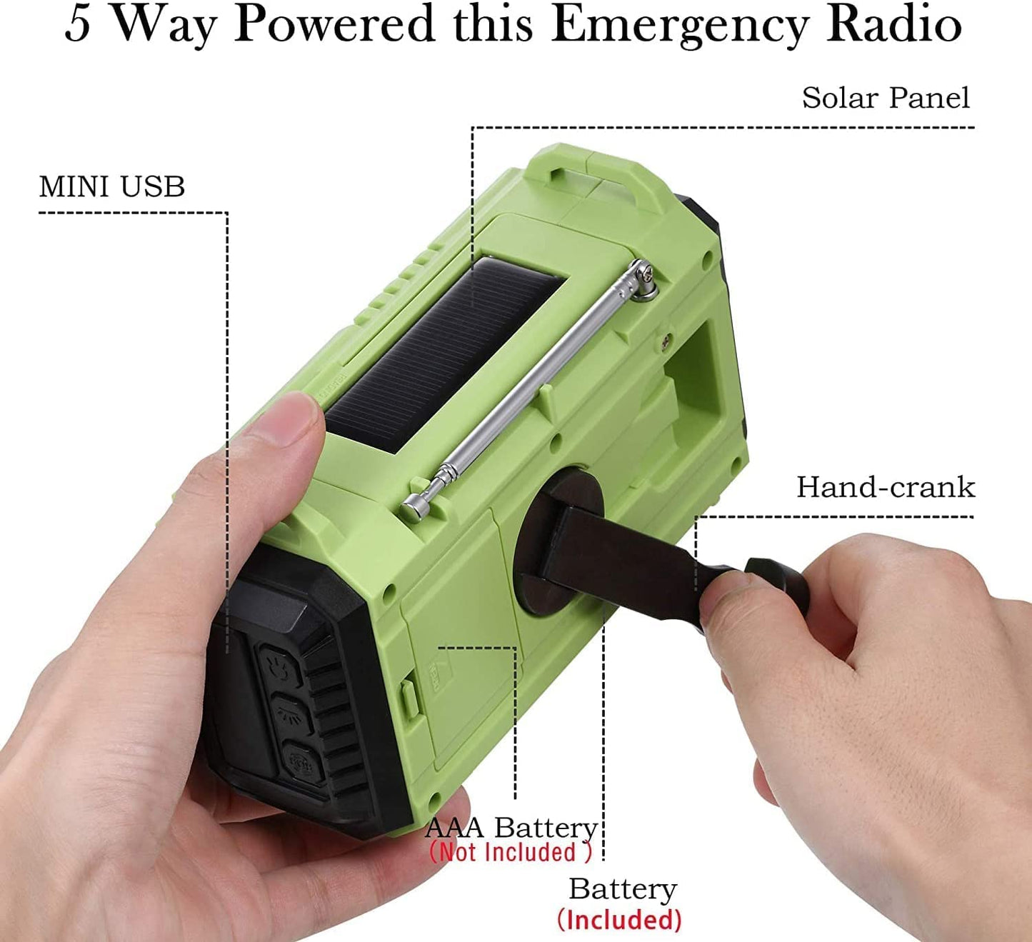 Multi-Powered Emergency Weather Radio with Solar Charging, Hand Crank, and USB Charger - AM/FM/SW/NOAA Radio with SOS Alarm, LED Camping Flashlight/Reading Lamp, Headphone Jack, and Compass