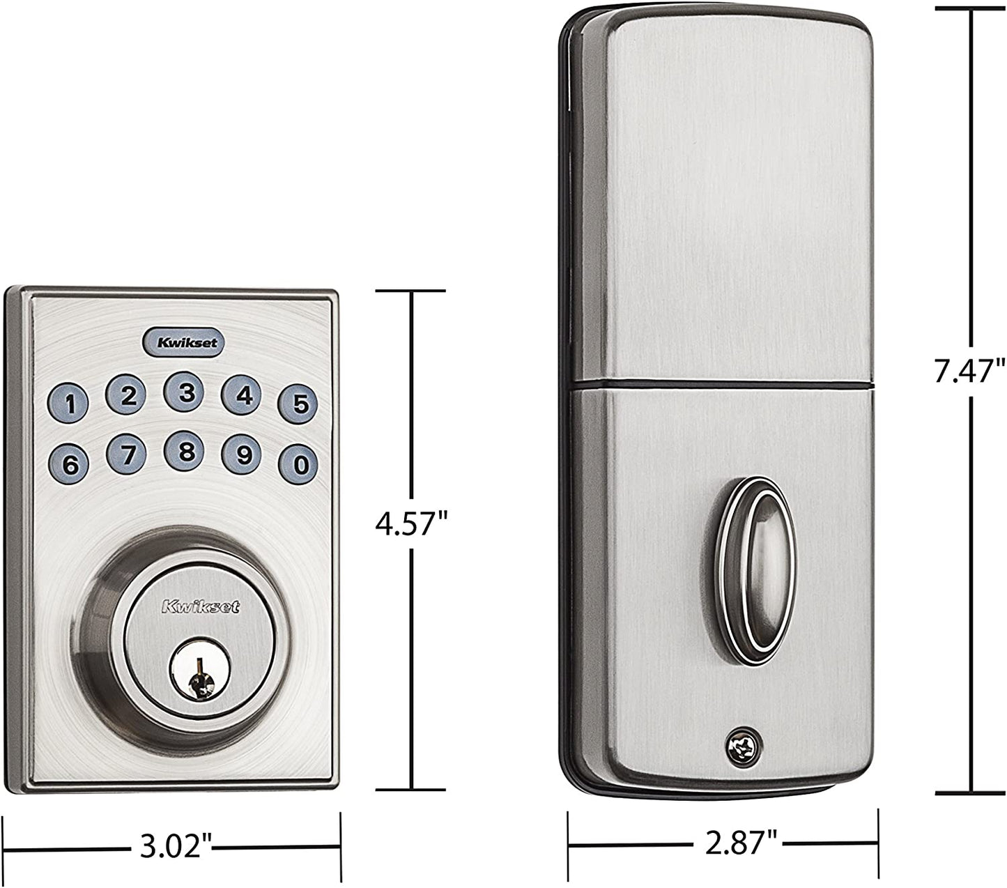 Contemporary Electronic Keypad Single Cylinder Deadbolt - Features 1-Touch Motorized Locking Mechanism, Comes in a Satin Nickel Finish, and Measures 8 x 4 x 6 inches.